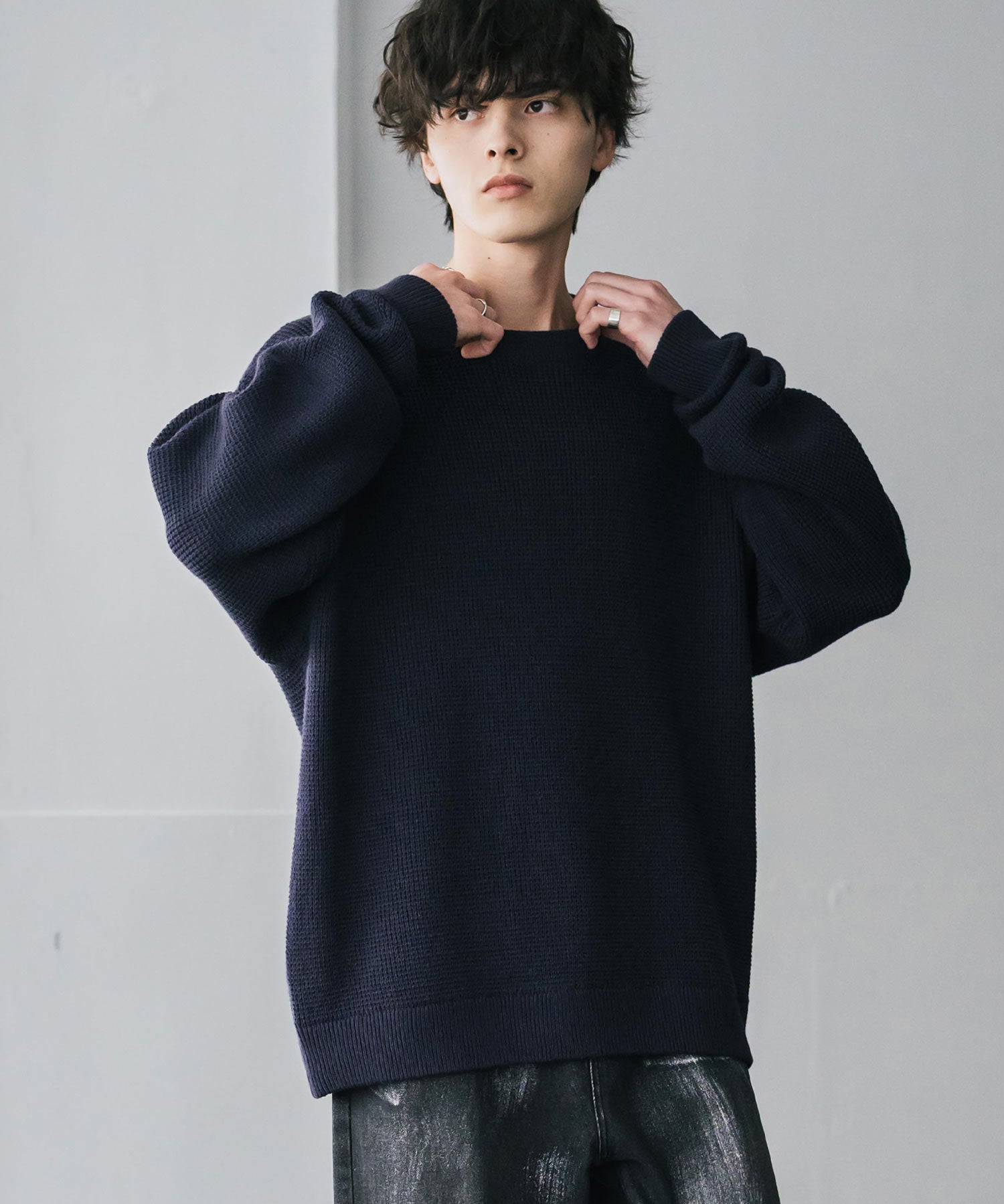 オーバーサイズ配色リブワッフルニットプルオーバーセーター	14546