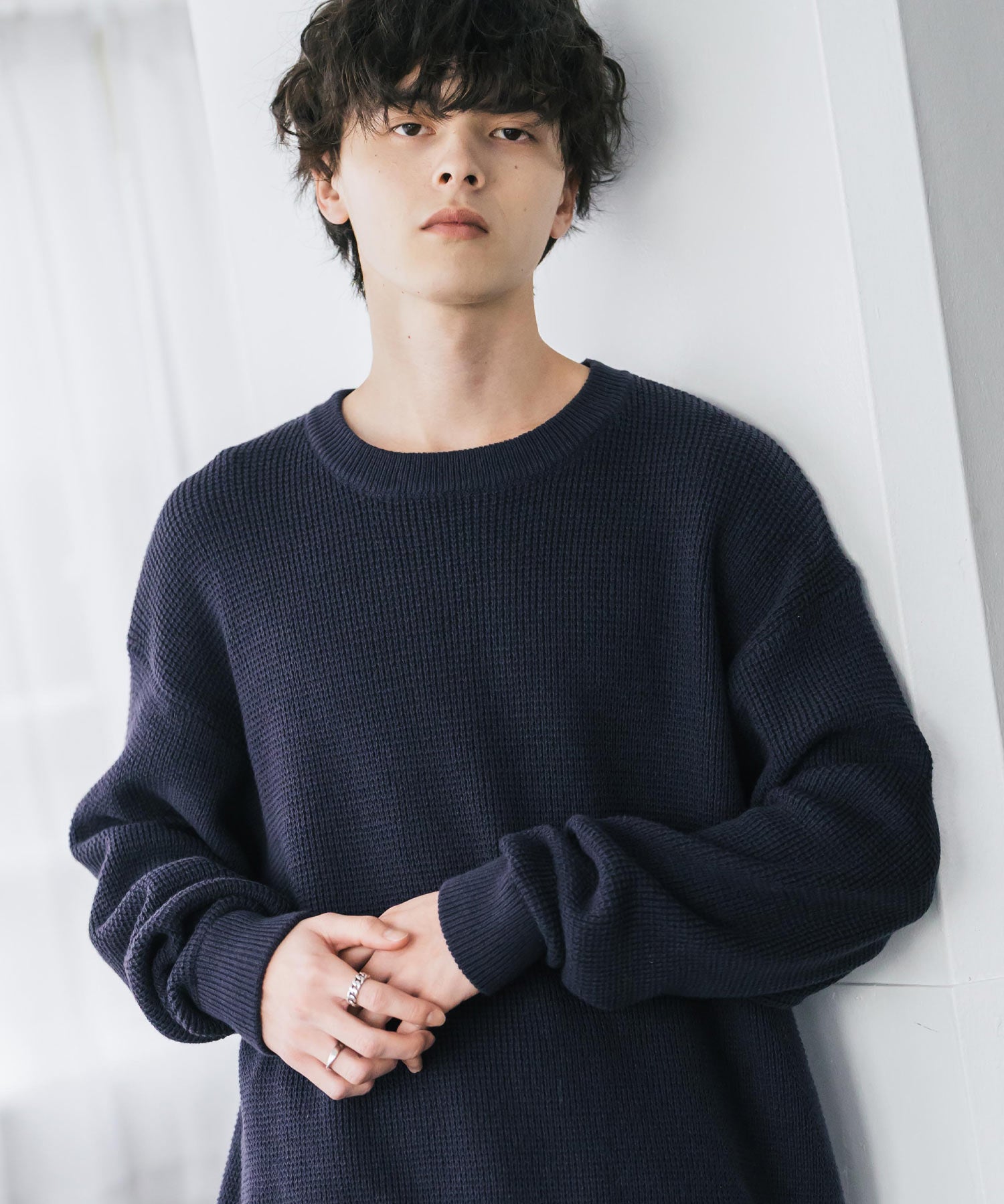 オーバーサイズ配色リブワッフルニットプルオーバーセーター	14546