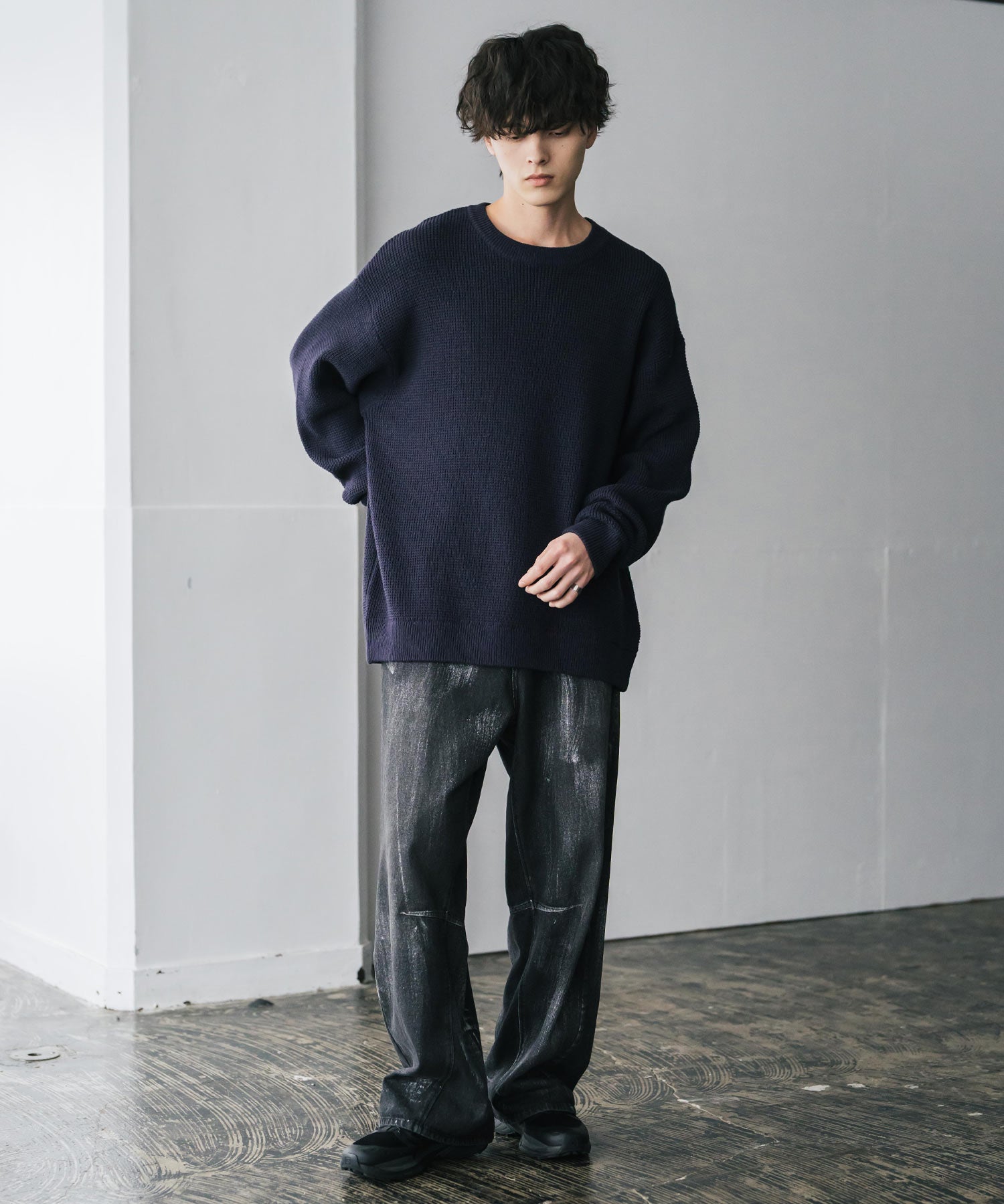 オーバーサイズ配色リブワッフルニットプルオーバーセーター	14546