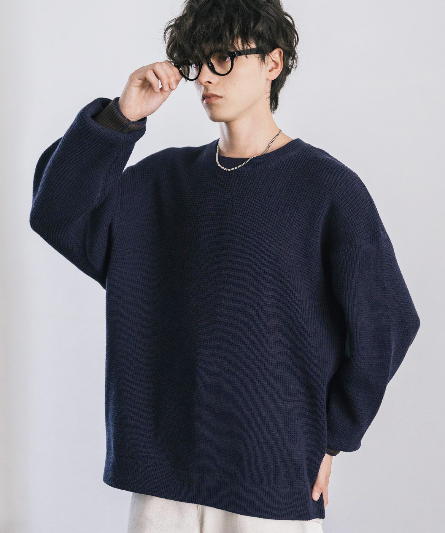 オーバーサイズ配色リブワッフルニットプルオーバーセーター	14546