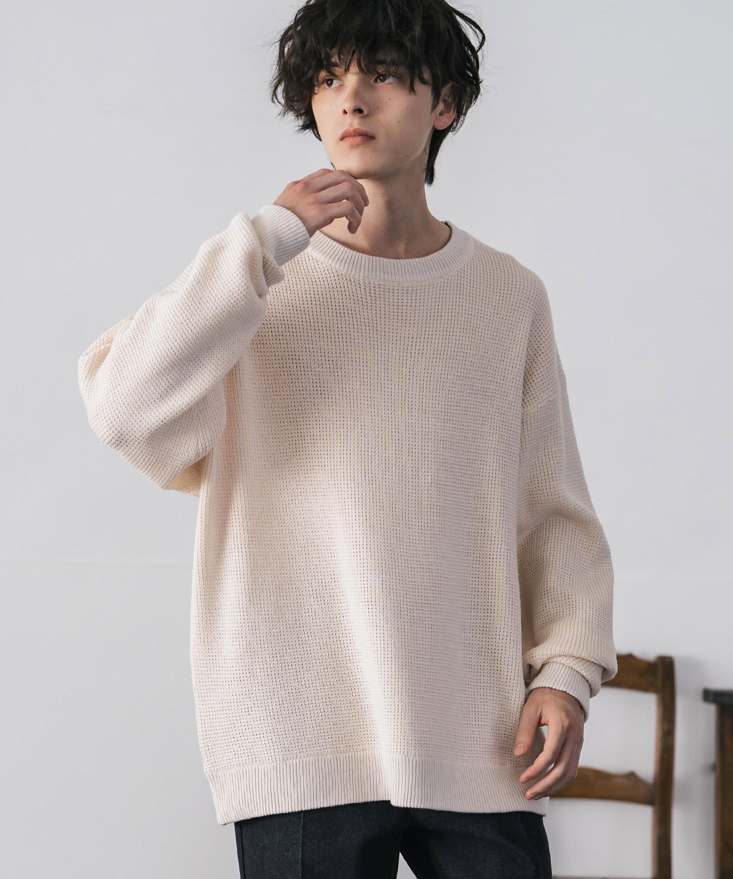 オーバーサイズ配色リブワッフルニットプルオーバーセーター	14546