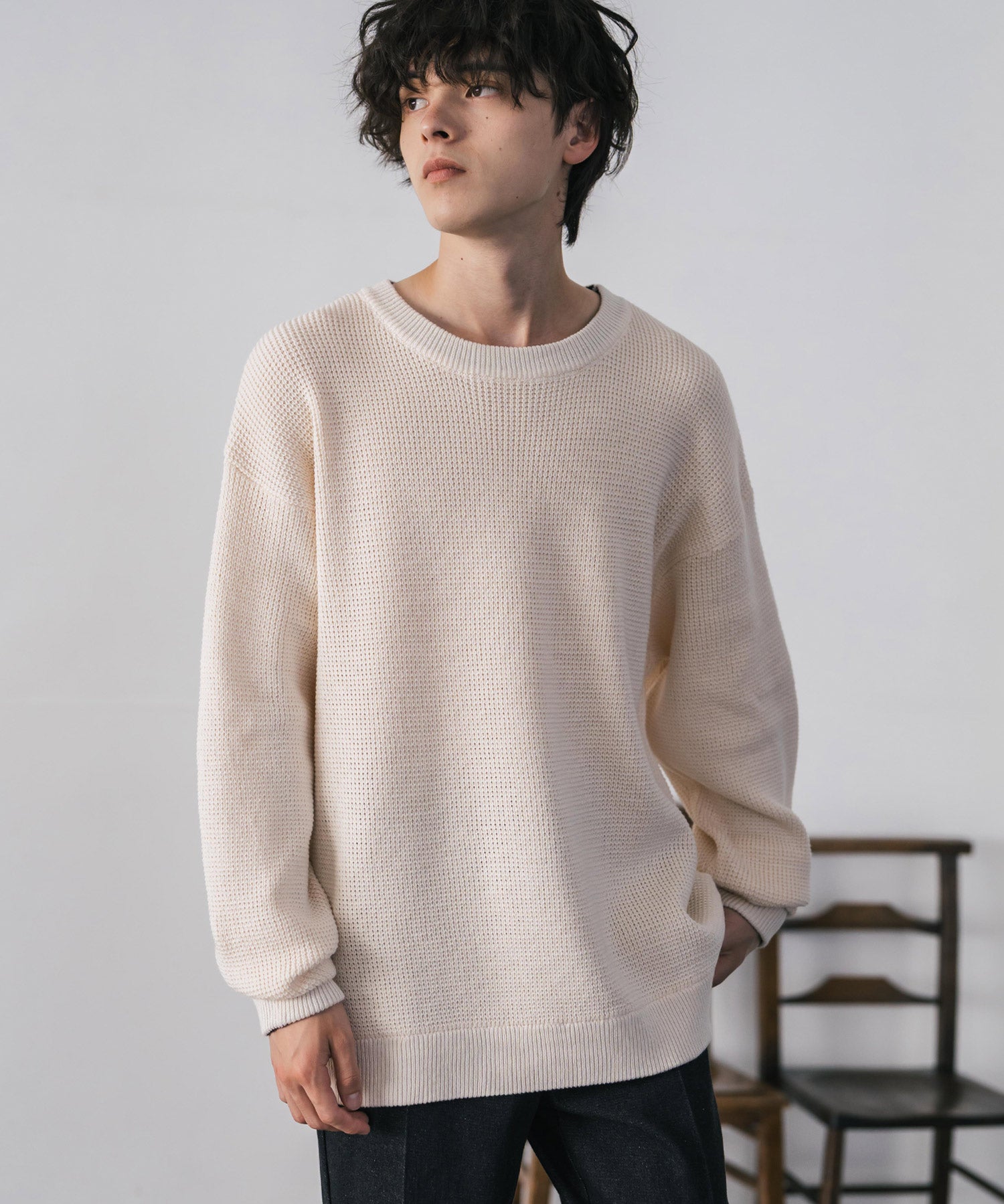 オーバーサイズ配色リブワッフルニットプルオーバーセーター	14546