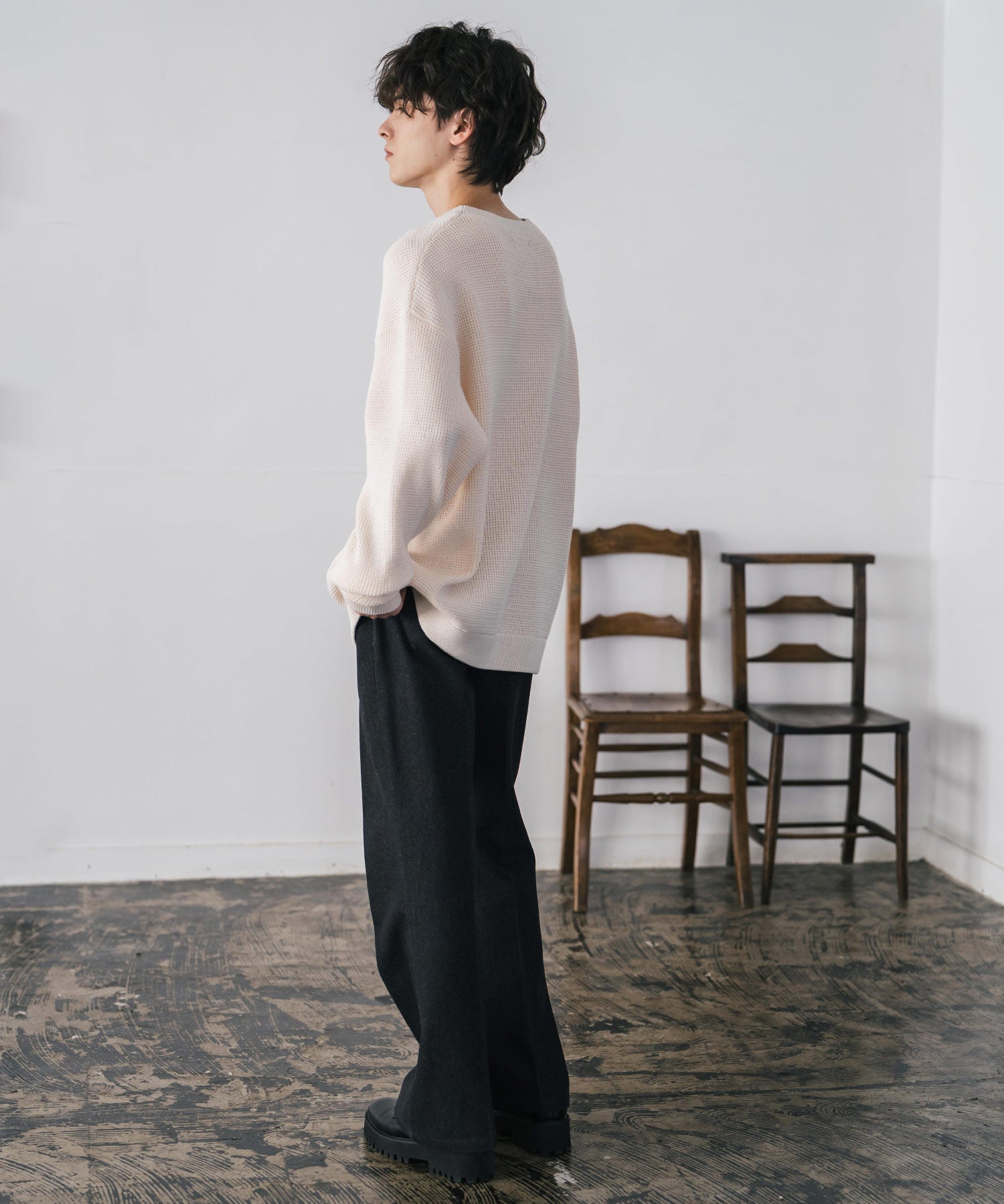 オーバーサイズ配色リブワッフルニットプルオーバーセーター	14546