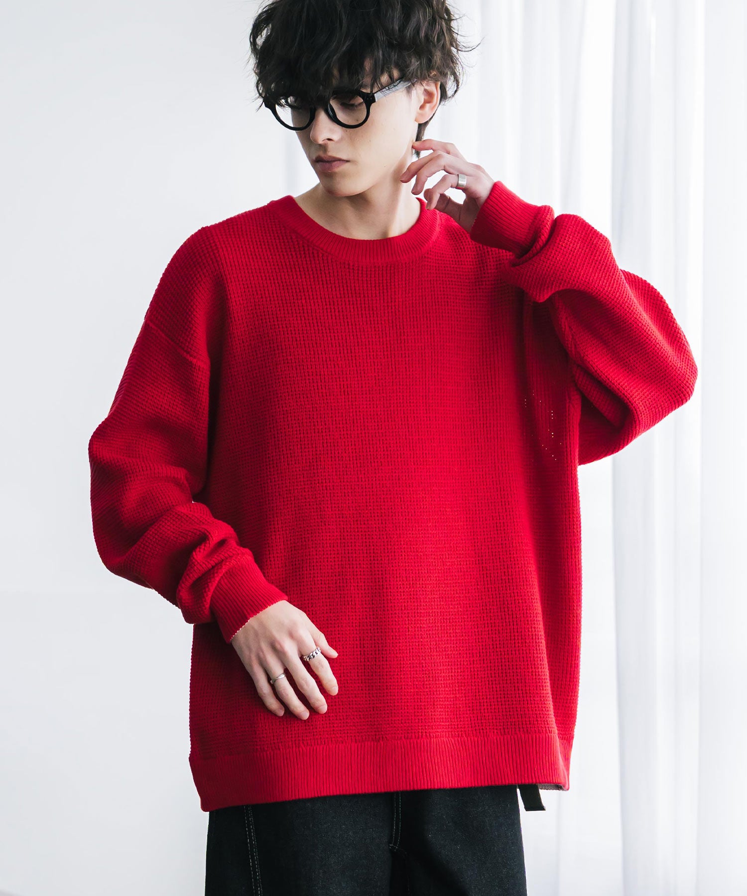 オーバーサイズ配色リブワッフルニットプルオーバーセーター	14546