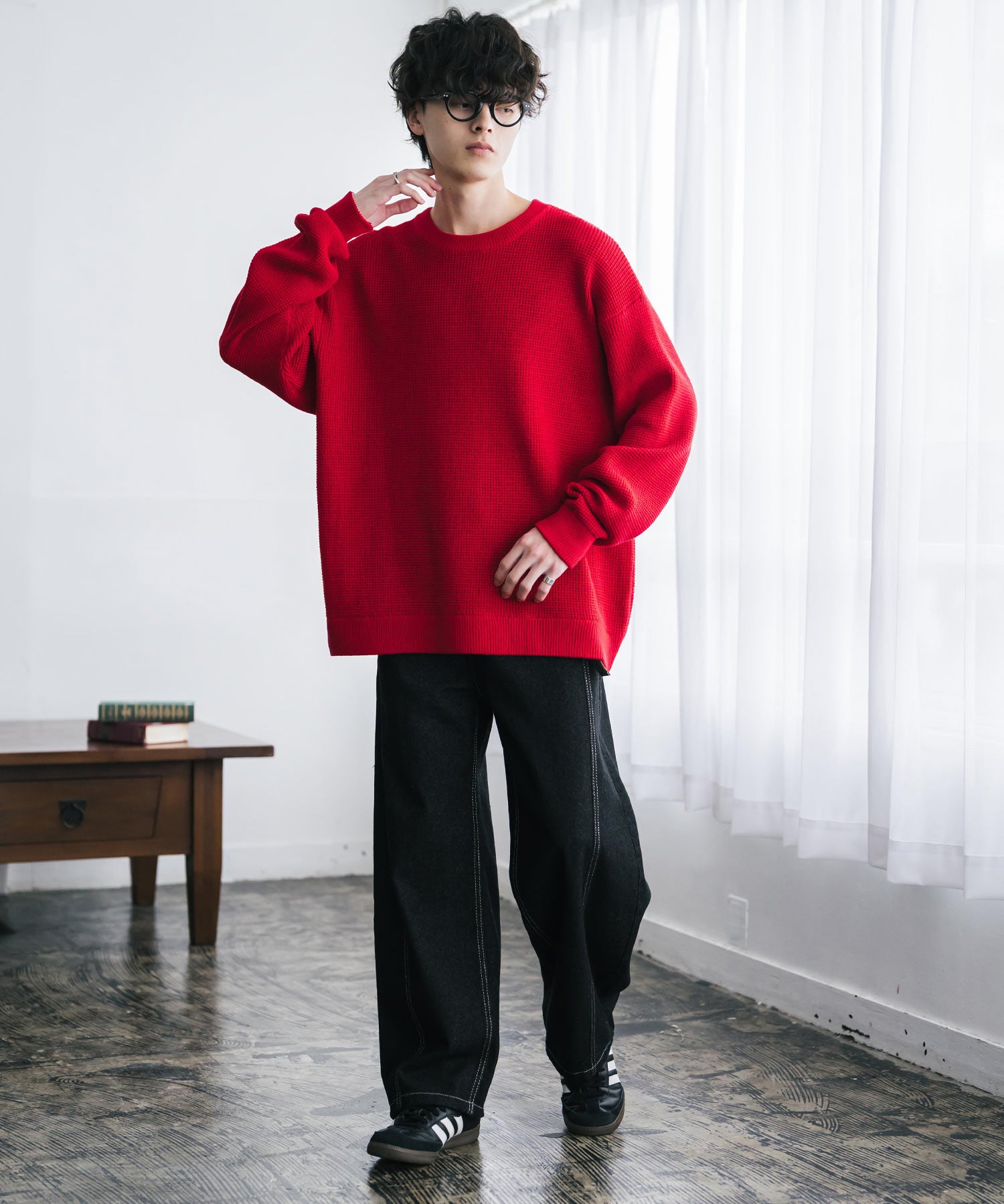 オーバーサイズ配色リブワッフルニットプルオーバーセーター	14546