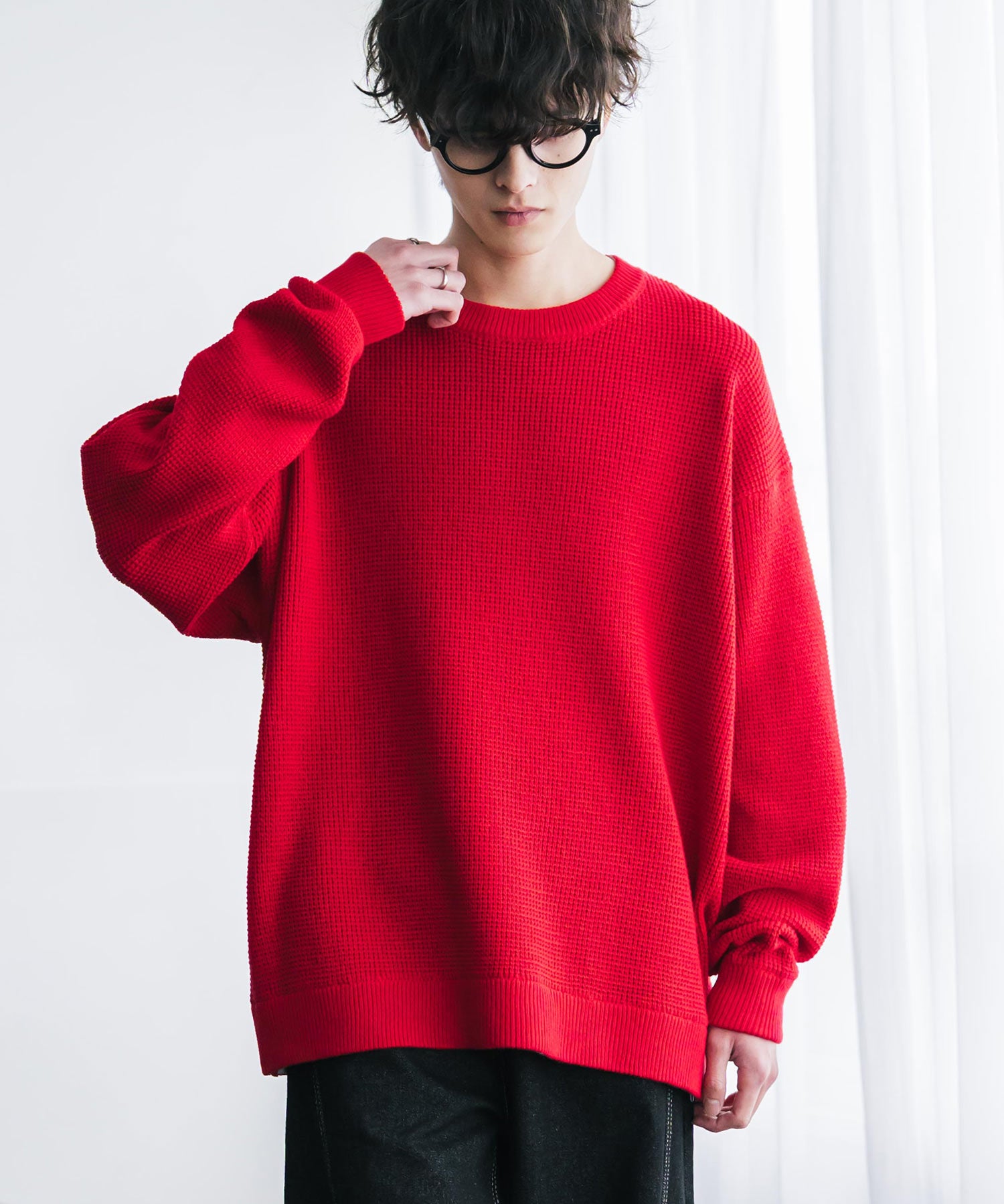 オーバーサイズ配色リブワッフルニットプルオーバーセーター	14546