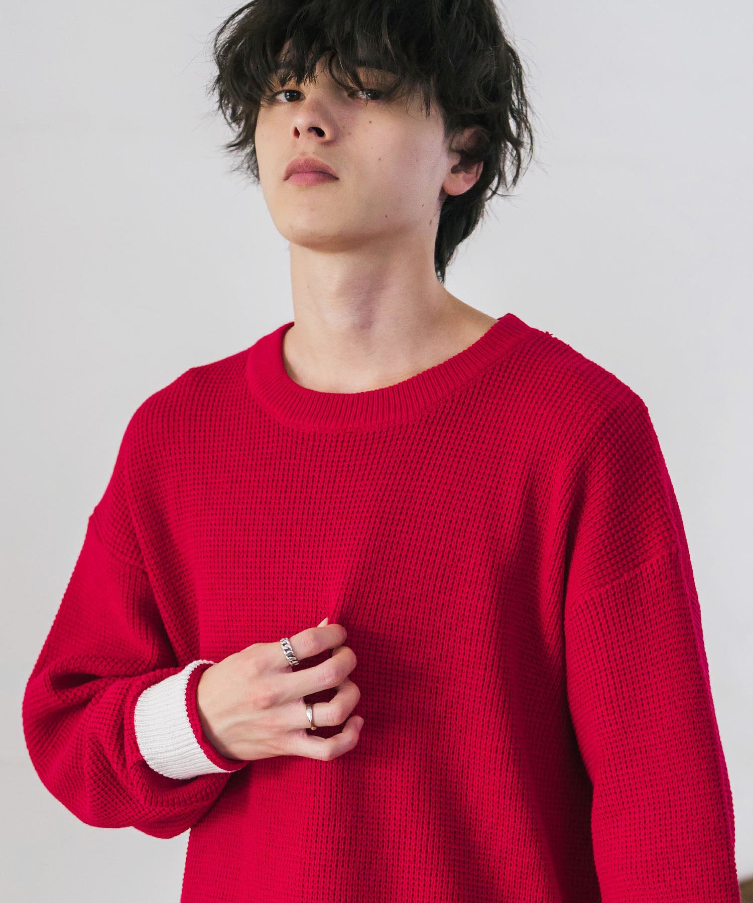 オーバーサイズ配色リブワッフルニットプルオーバーセーター	14546