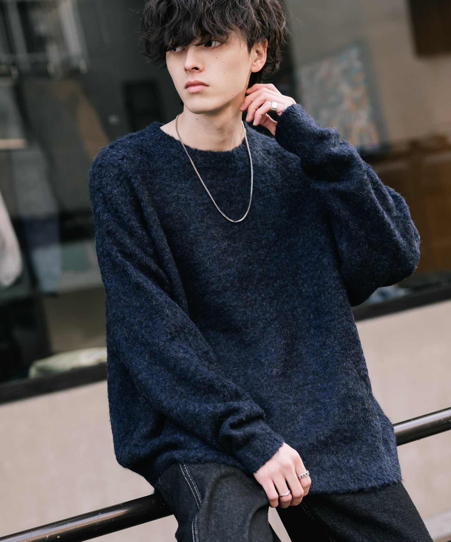 オーバーサイズウール混ミックス糸プルオーバーニットセーター 14548