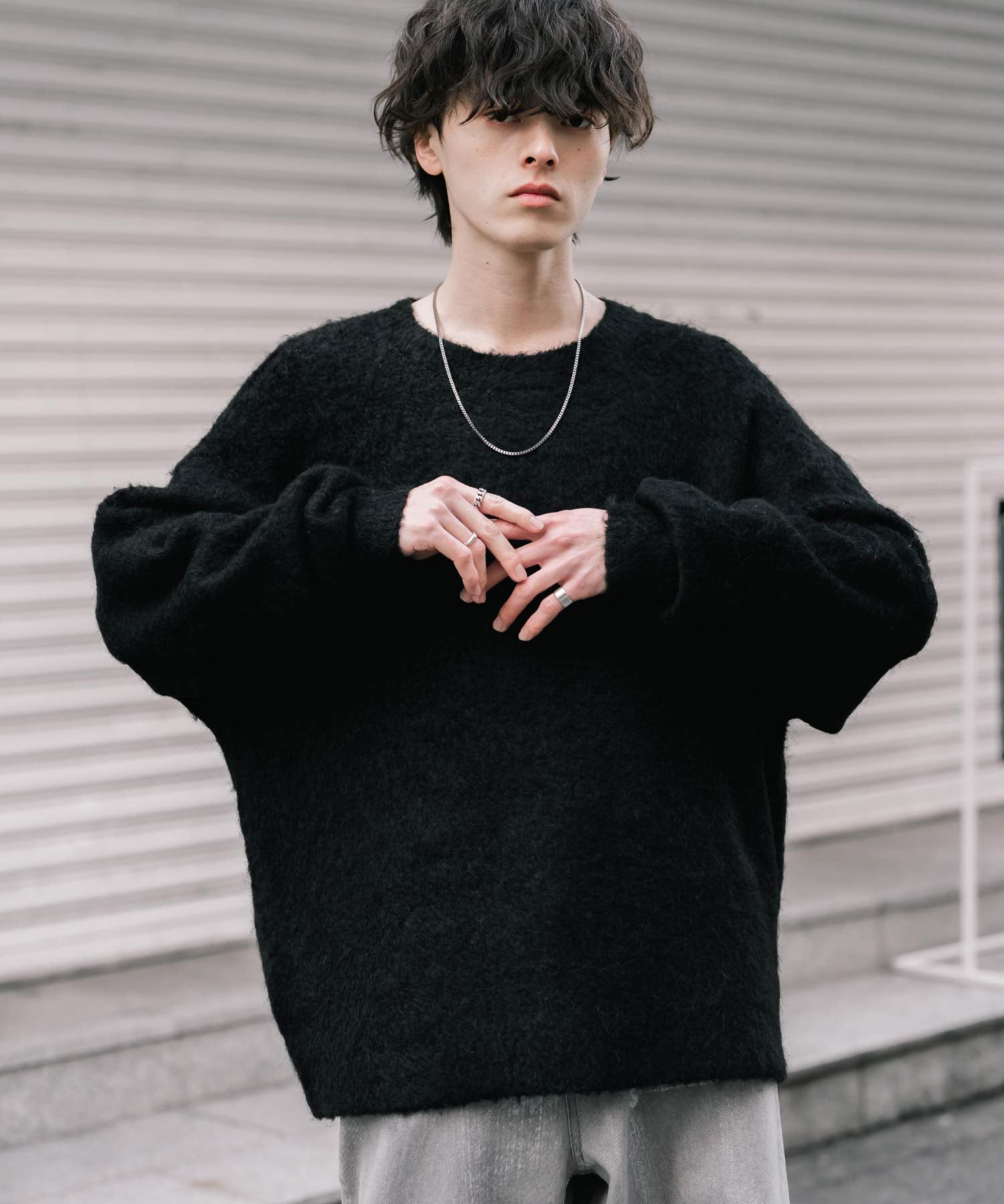 オーバーサイズウール混ミックス糸プルオーバーニットセーター 14548