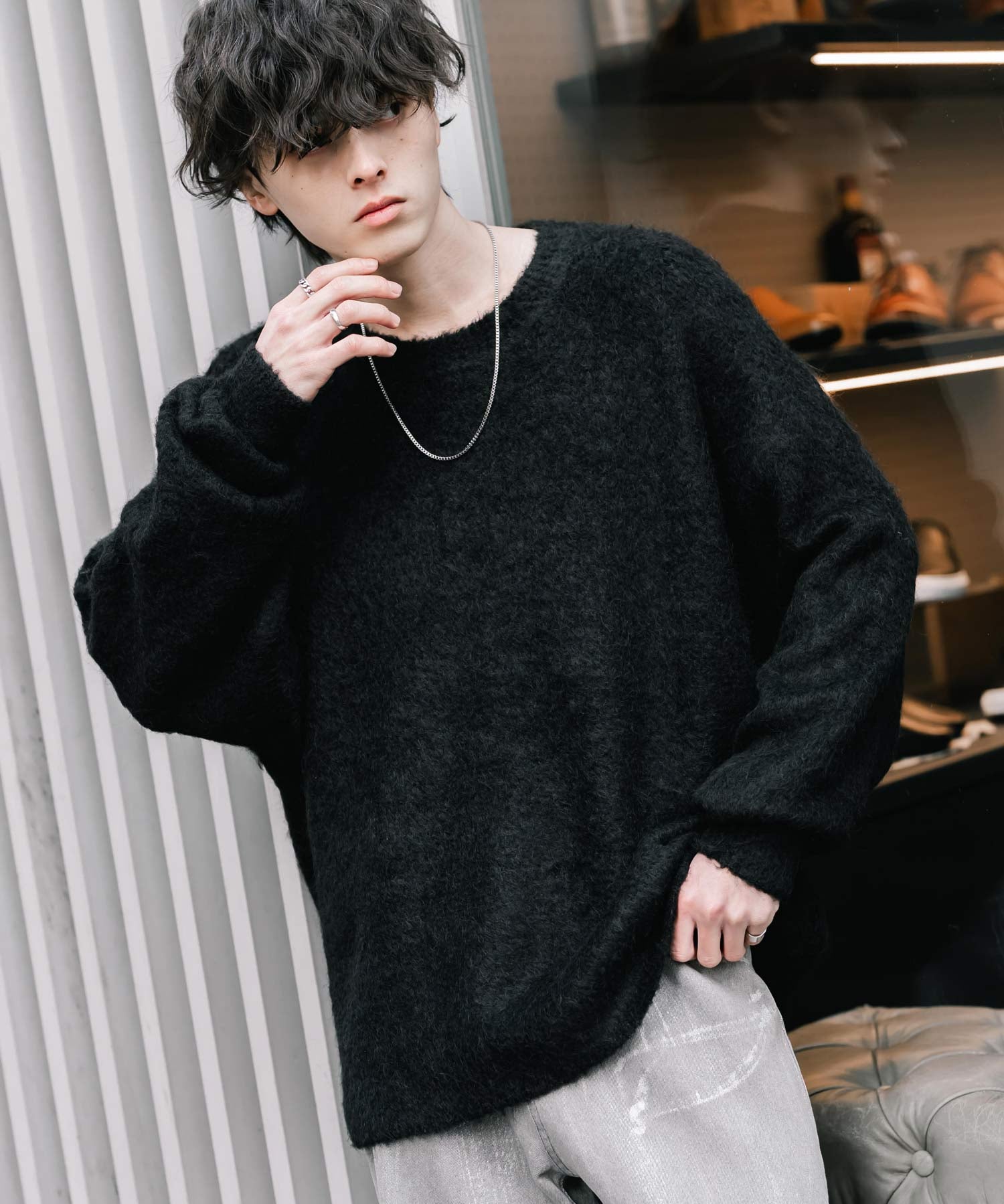 オーバーサイズウール混ミックス糸プルオーバーニットセーター 14548