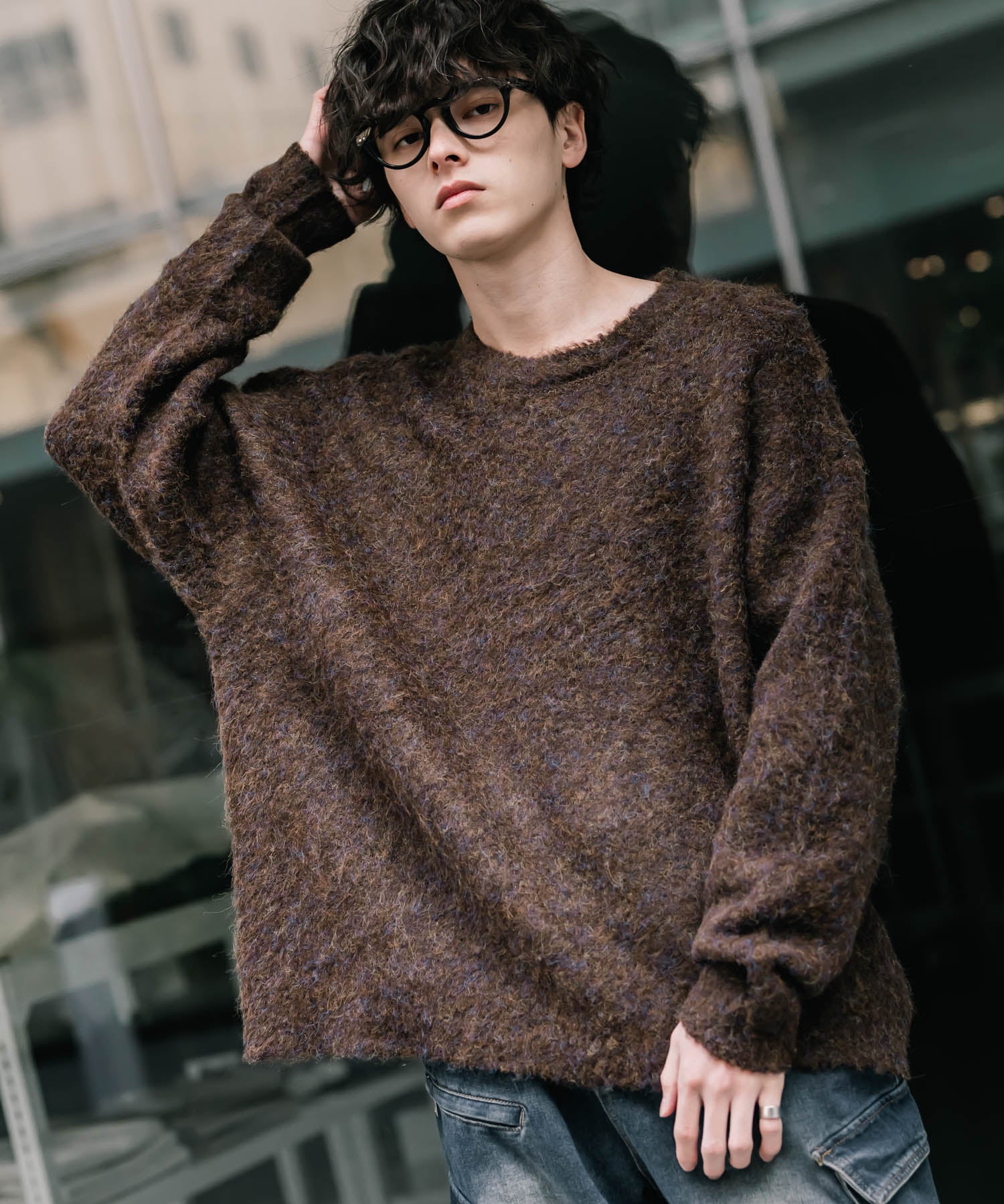 オーバーサイズウール混ミックス糸プルオーバーニットセーター 14548