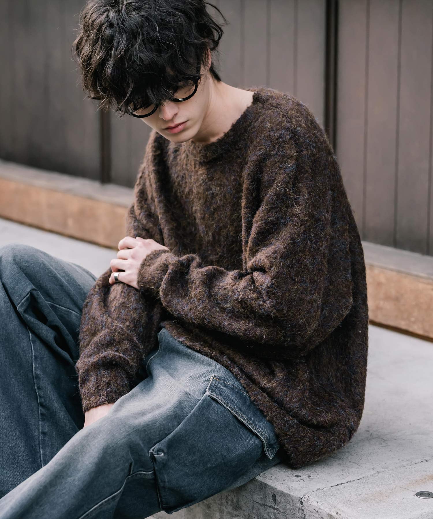 オーバーサイズウール混ミックス糸プルオーバーニットセーター 14548