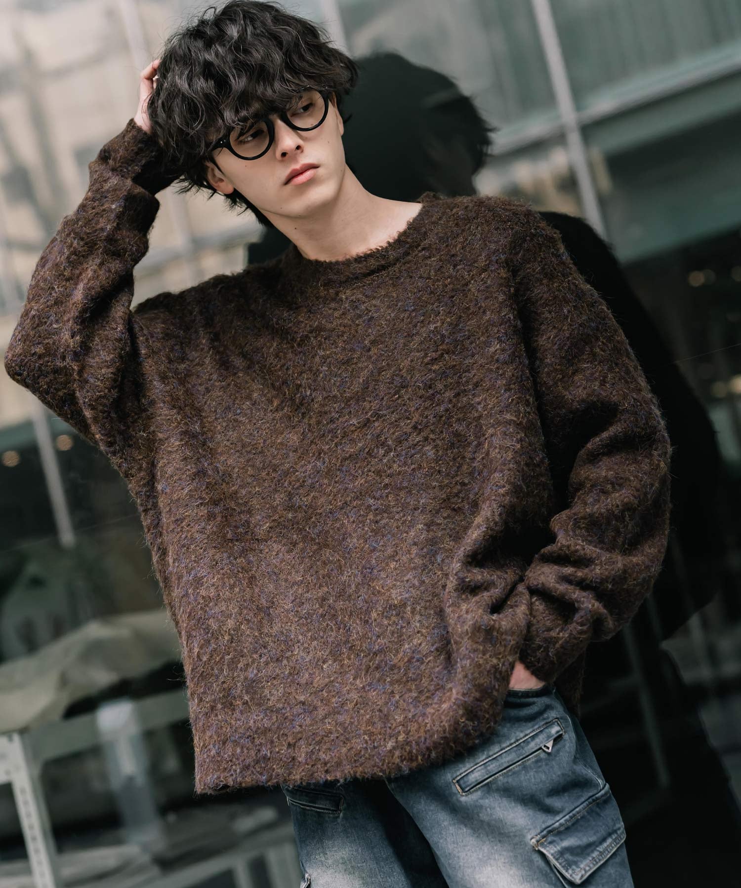 オーバーサイズウール混ミックス糸プルオーバーニットセーター 14548