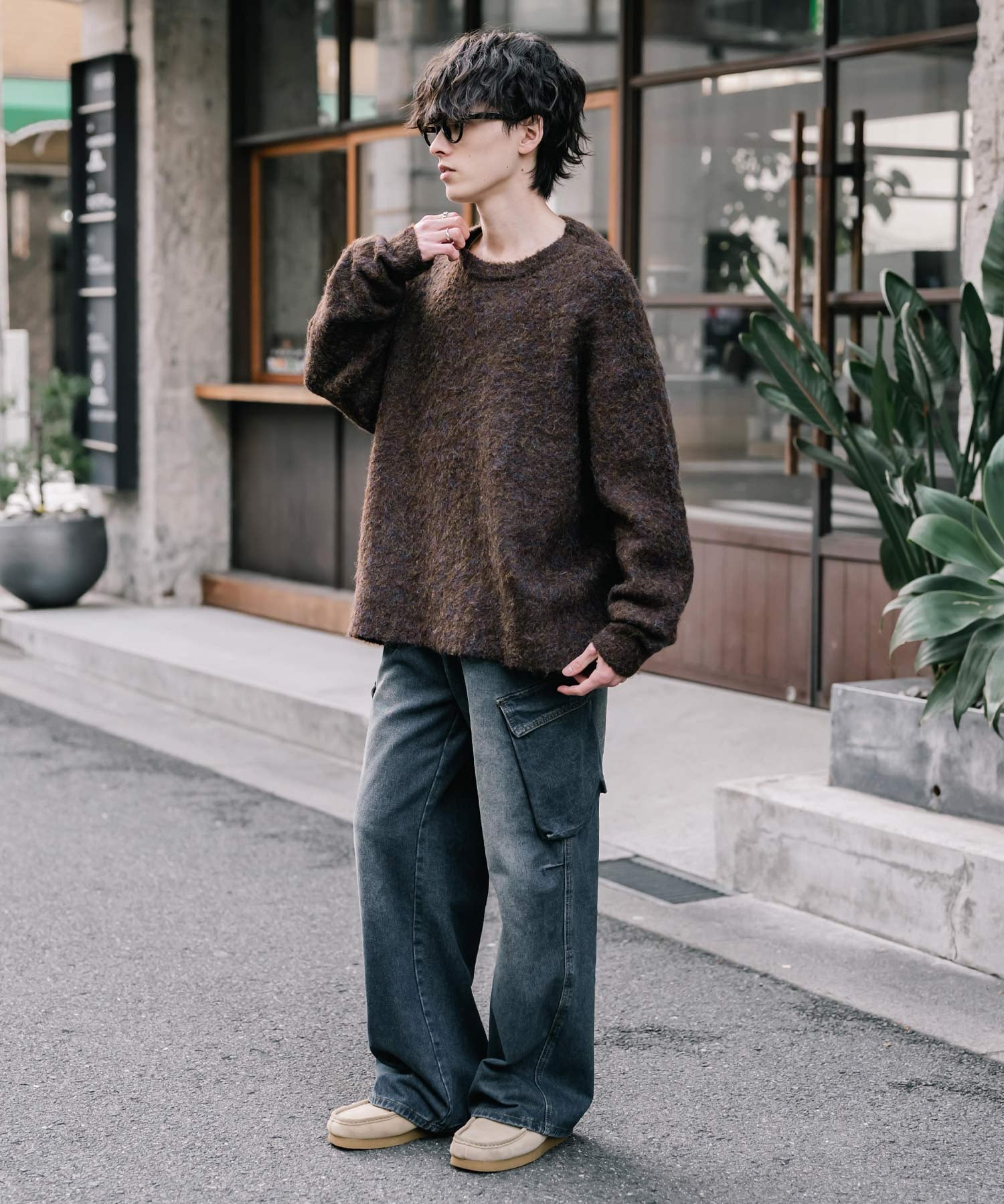 オーバーサイズウール混ミックス糸プルオーバーニットセーター 14548