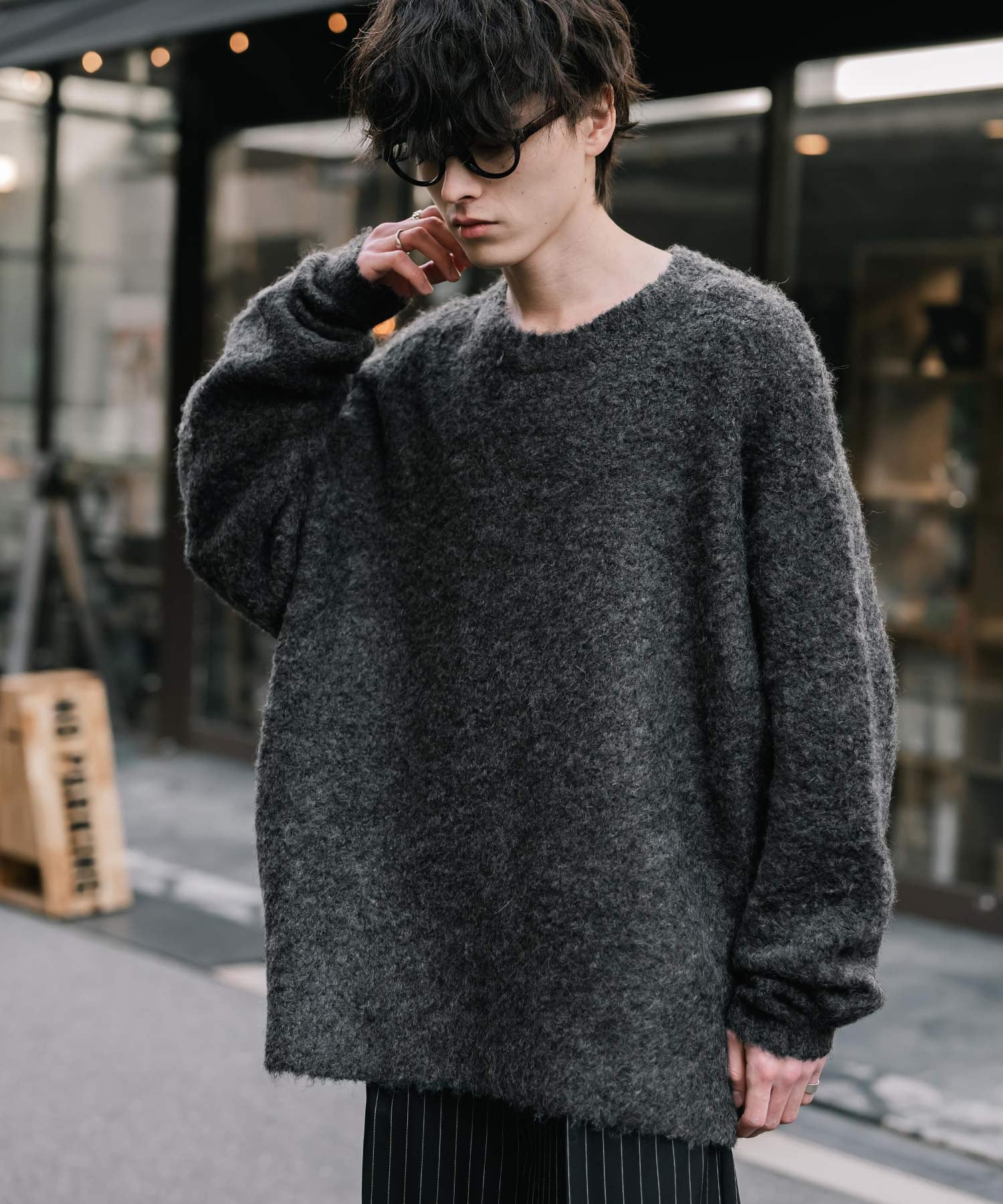 オーバーサイズウール混ミックス糸プルオーバーニットセーター 14548