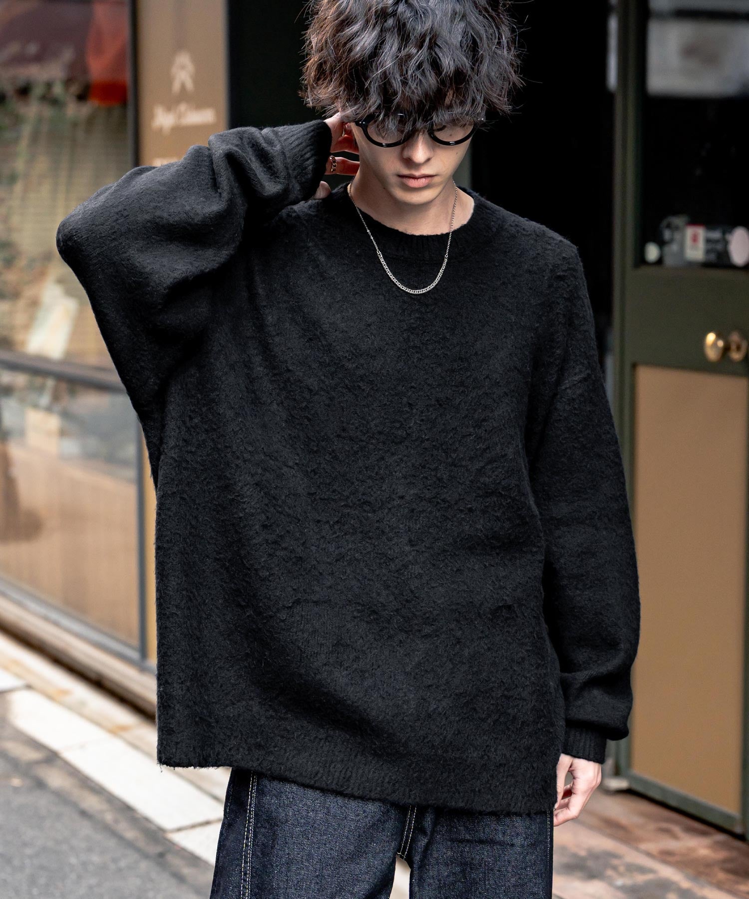 オーバーサイズシャギーニットセーター/クルーネック長袖プルオーバー 14549