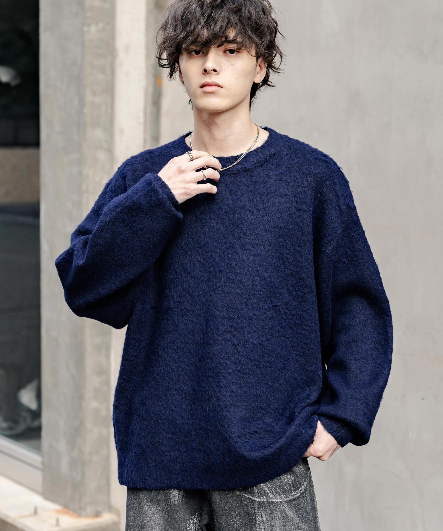 オーバーサイズシャギーニットセーター/クルーネック長袖プルオーバー 14549