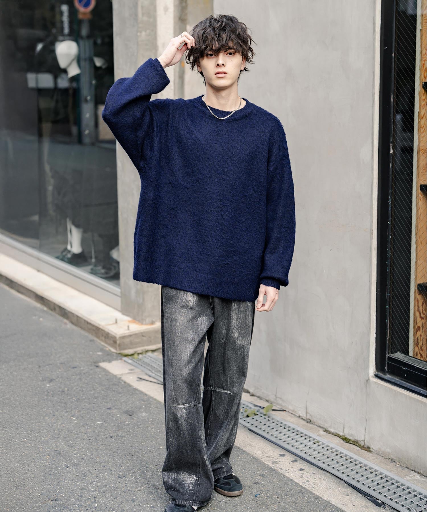 オーバーサイズシャギーニットセーター/クルーネック長袖プルオーバー 14549