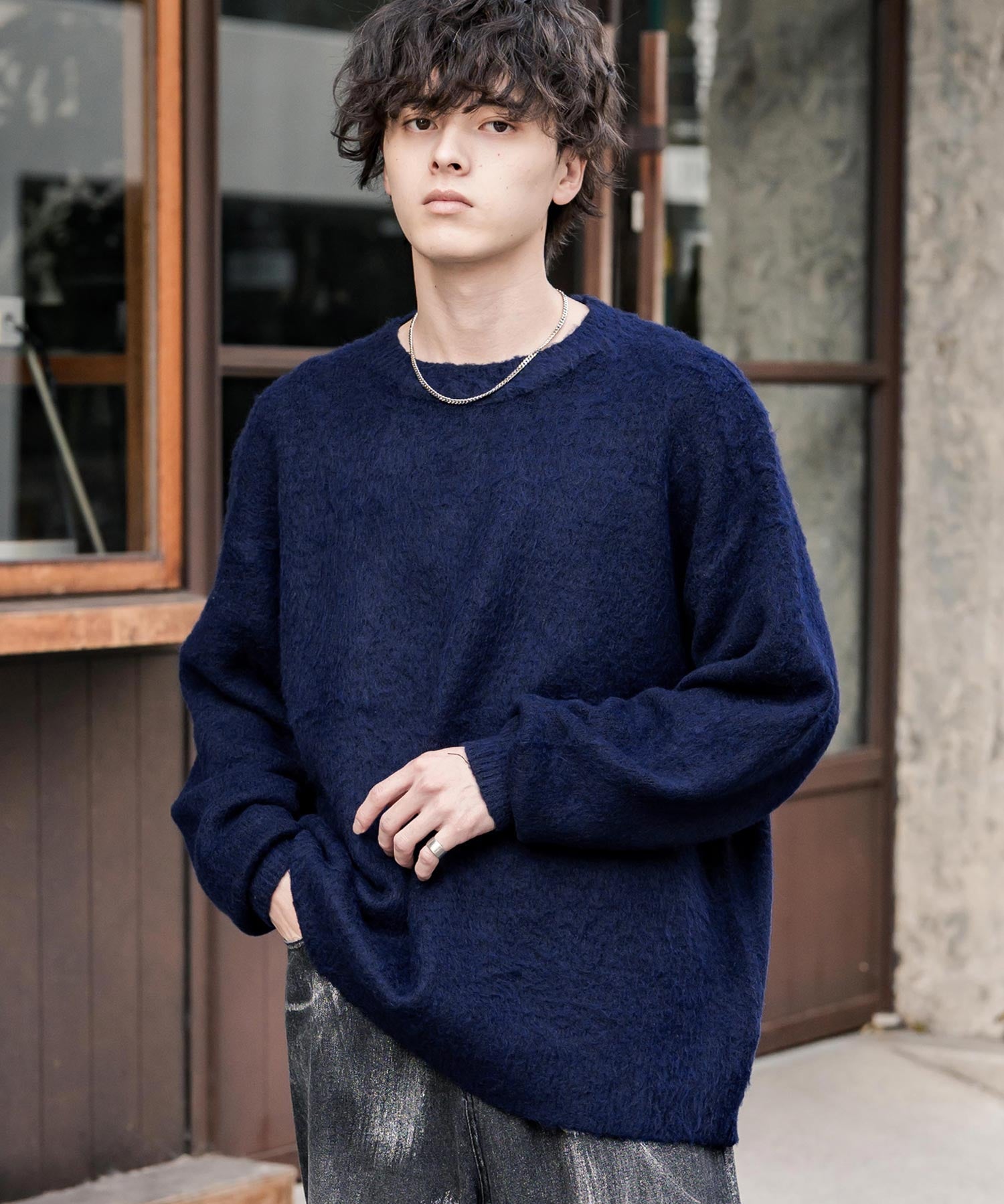 オーバーサイズシャギーニットセーター/クルーネック長袖プルオーバー 14549