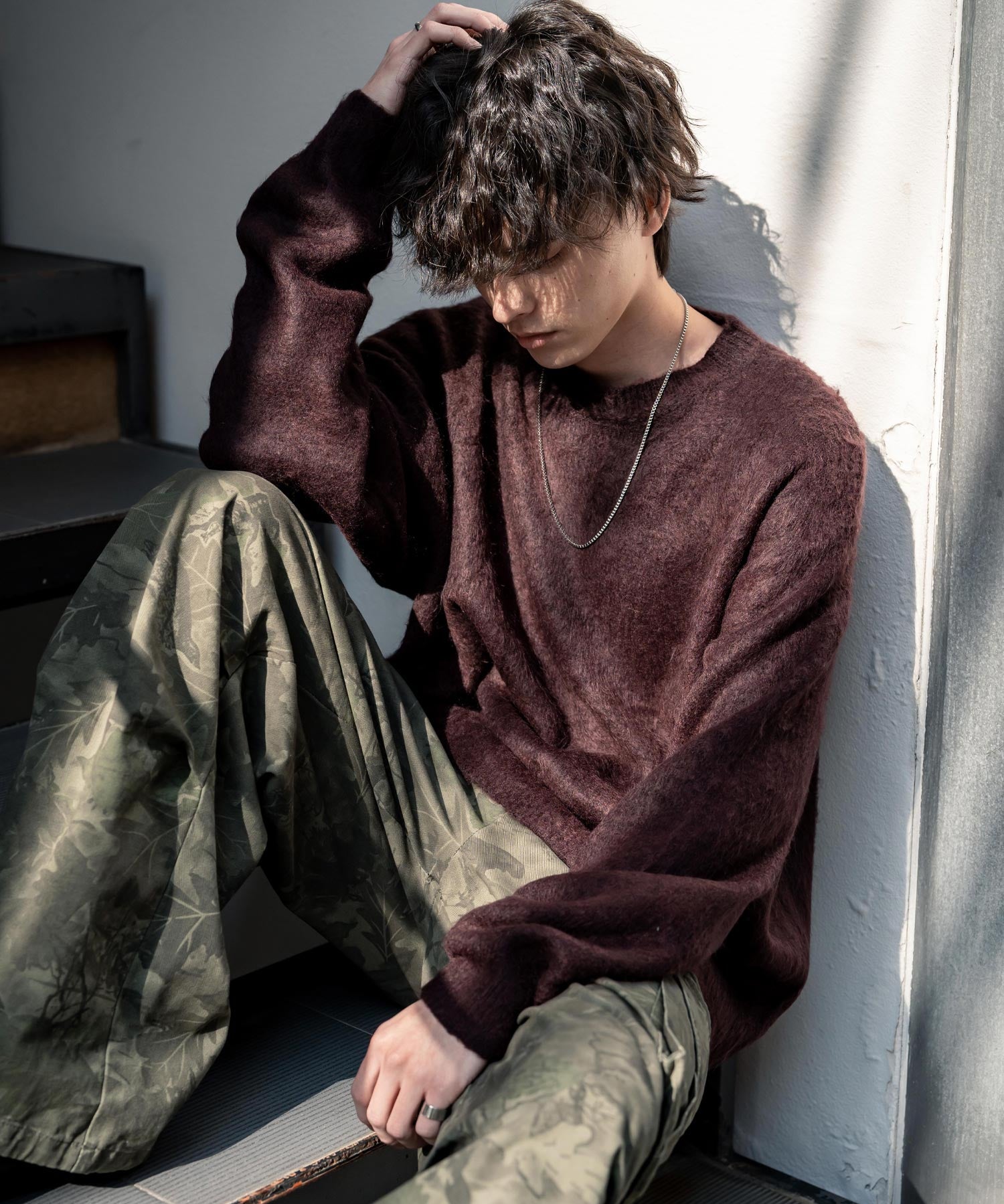 オーバーサイズシャギーニットセーター/クルーネック長袖プルオーバー 14549