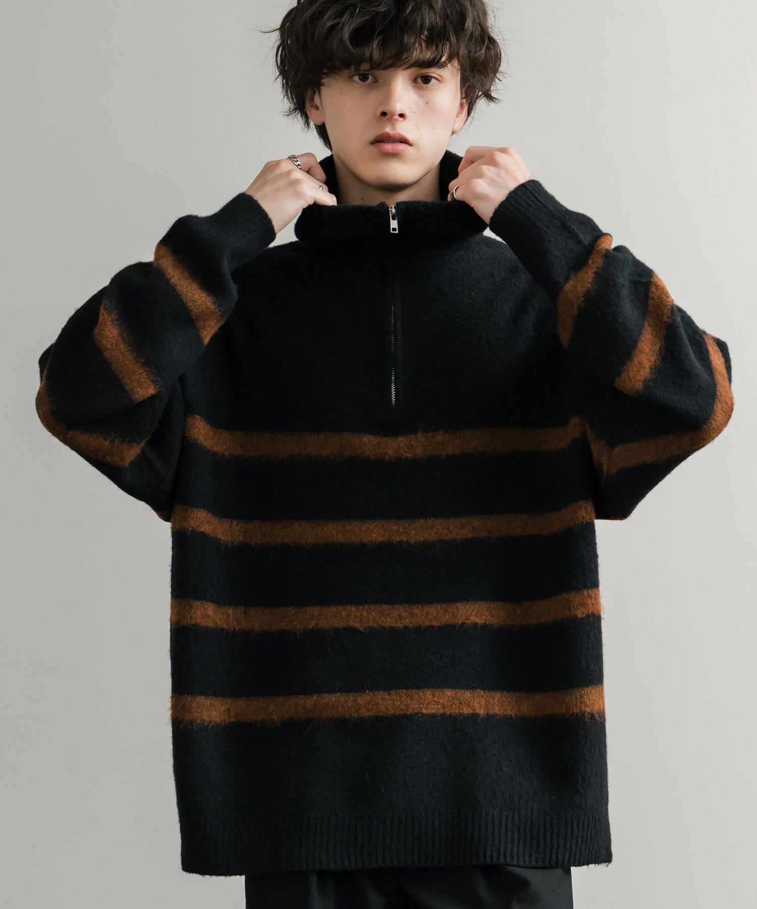 オーバーサイズハーフジップシャギーボーダーニット/モヘアタッチ
