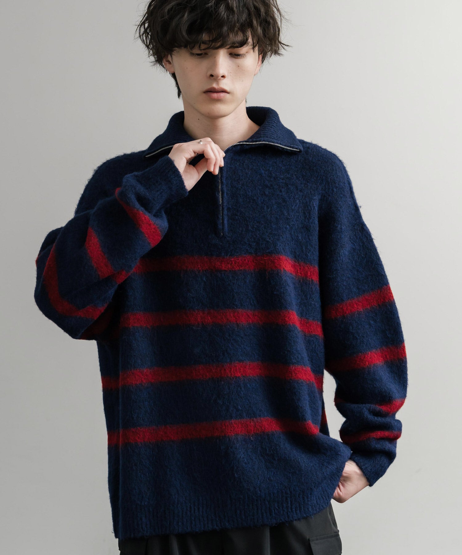 オーバーサイズハーフジップシャギーボーダーニット/モヘアタッチ