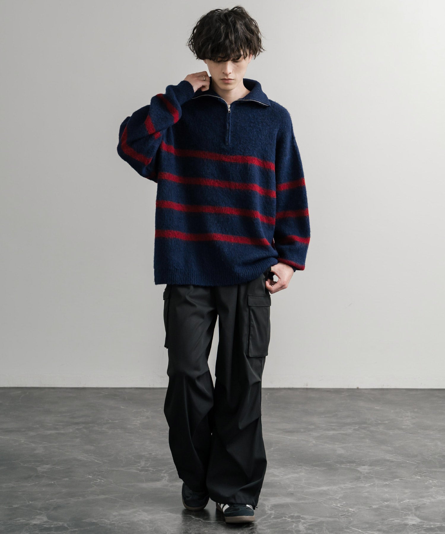 オーバーサイズハーフジップシャギーボーダーニット/モヘアタッチ