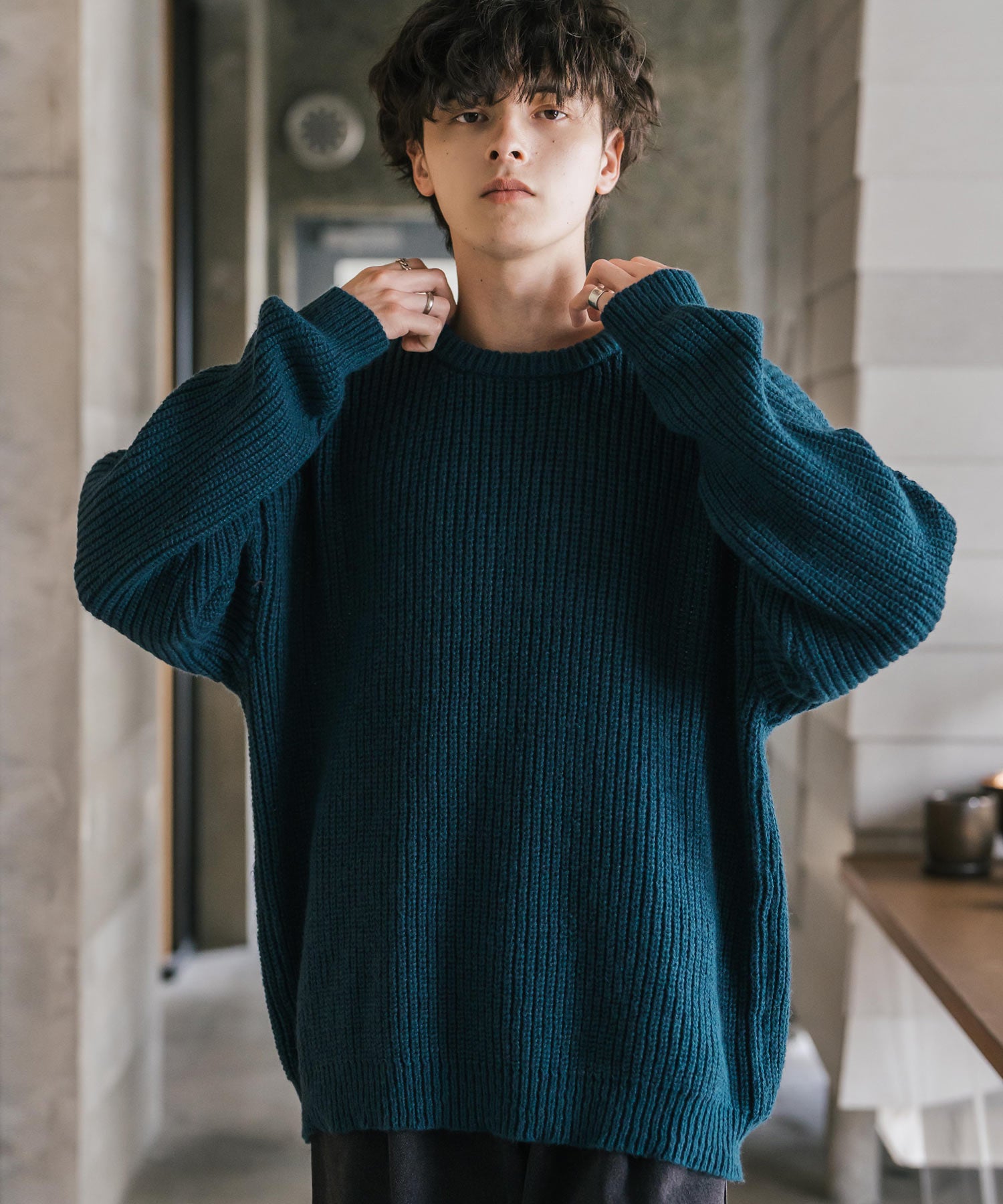 オーバーサイズ畦編みクルーネック長袖ニットセーター 14552