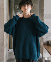 オーバーサイズ畦編みクルーネック長袖ニットセーター 14552