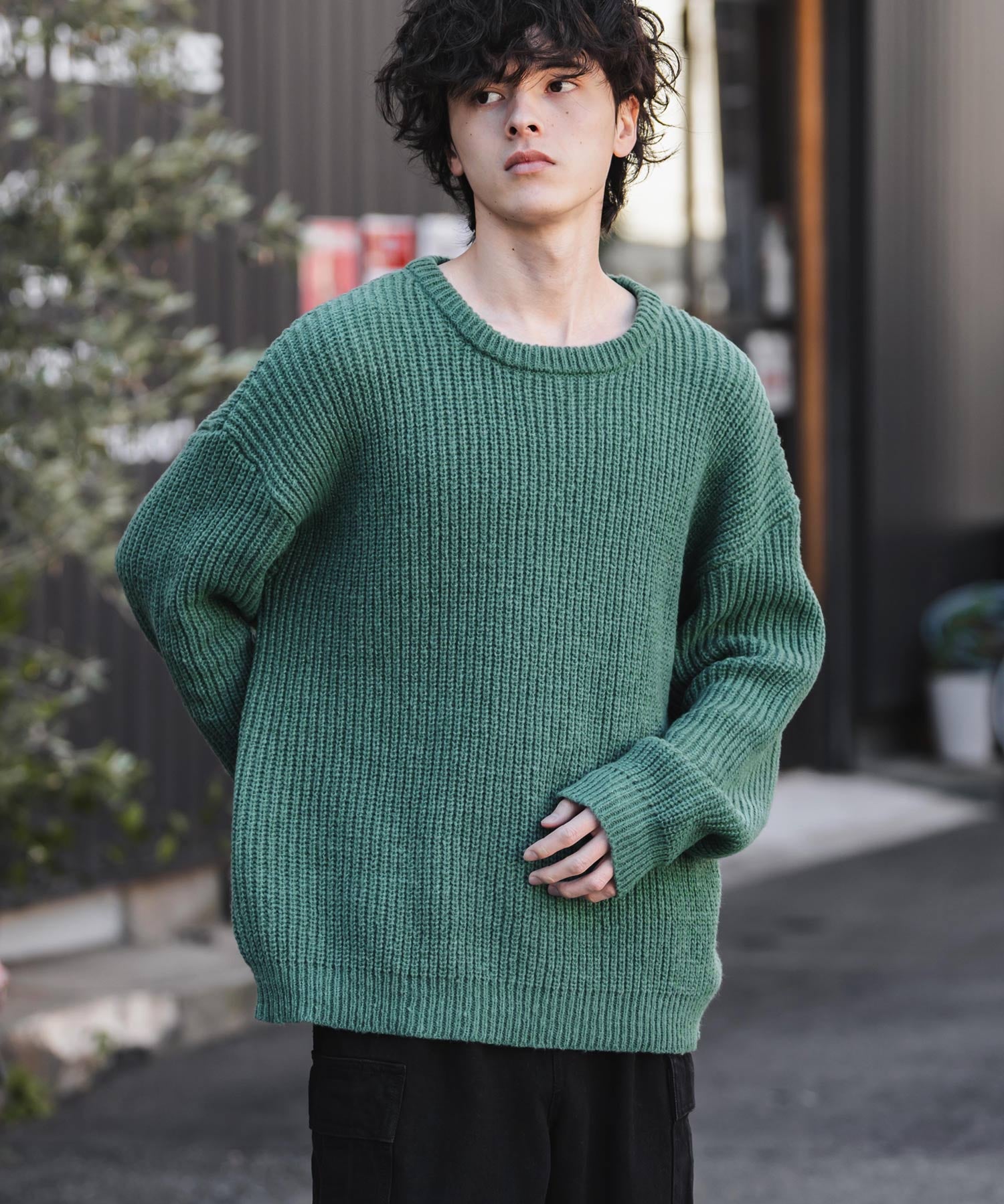 オーバーサイズ畦編みクルーネック長袖ニットセーター 14552