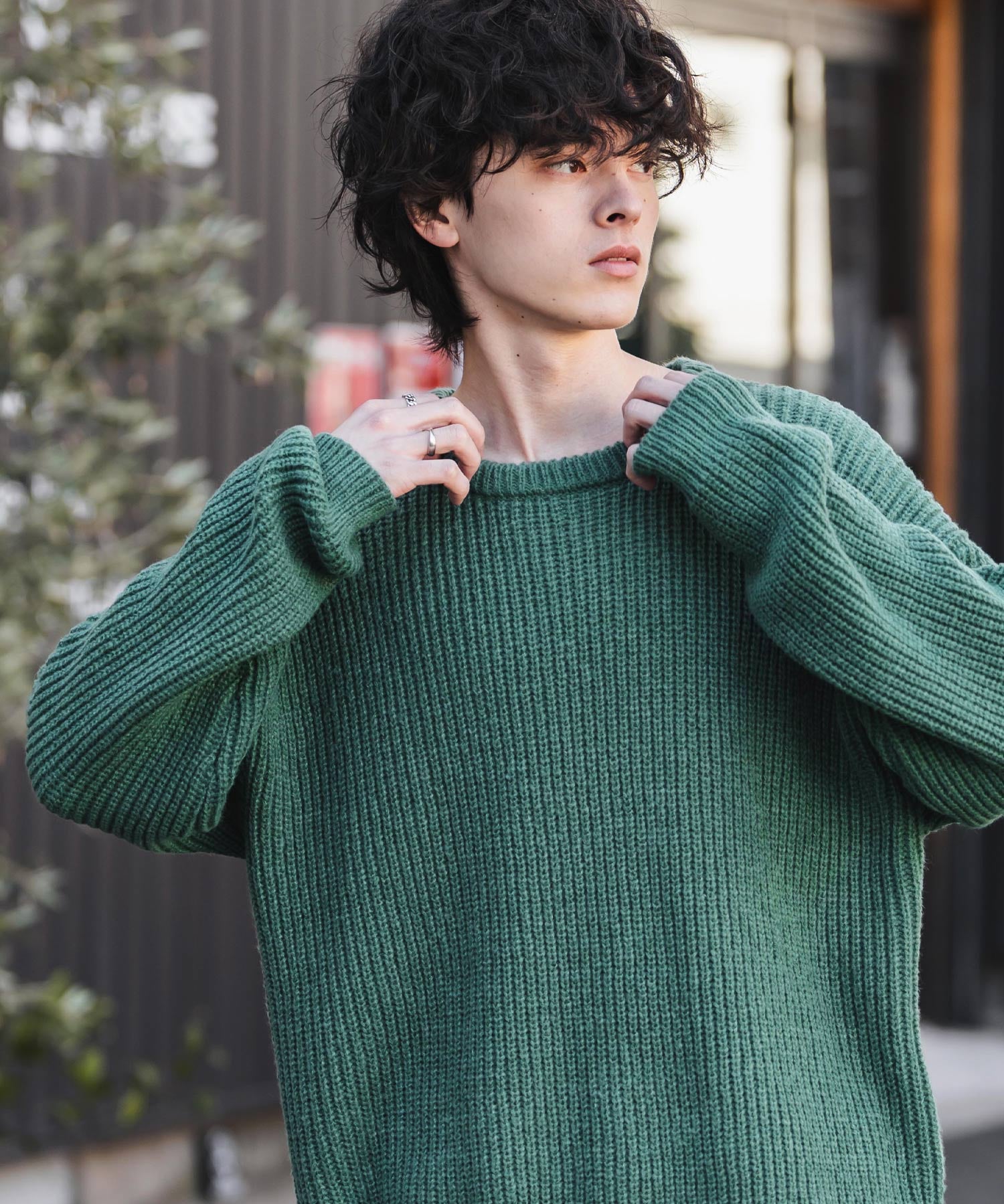 オーバーサイズ畦編みクルーネック長袖ニットセーター 14552