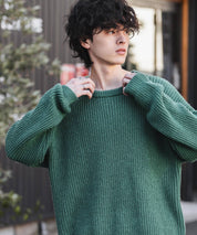 オーバーサイズ畦編みクルーネック長袖ニットセーター 14552