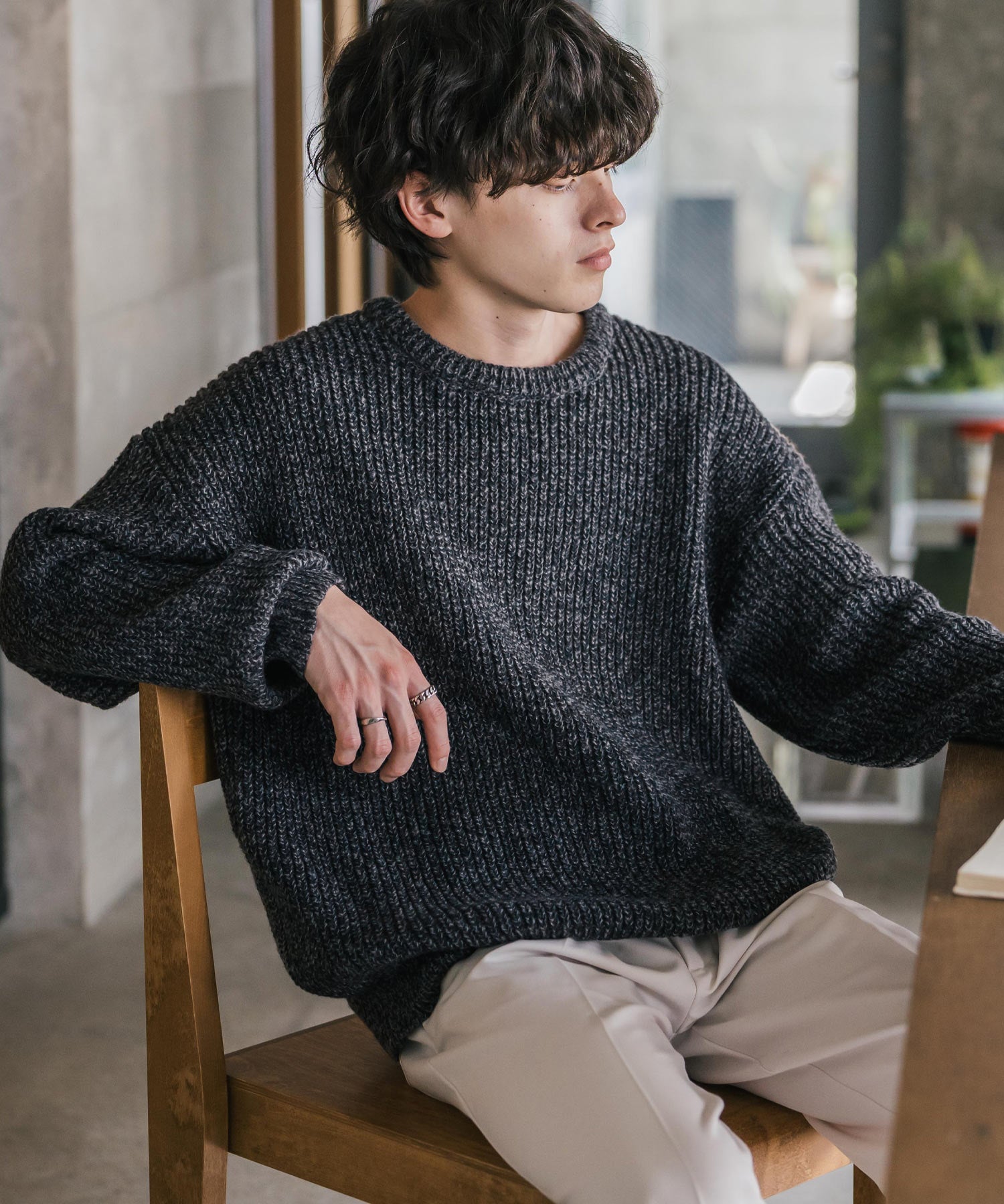 オーバーサイズ畦編みクルーネック長袖ニットセーター 14552
