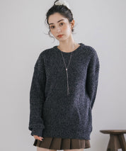 オーバーサイズ畦編みクルーネック長袖ニットセーター 14552