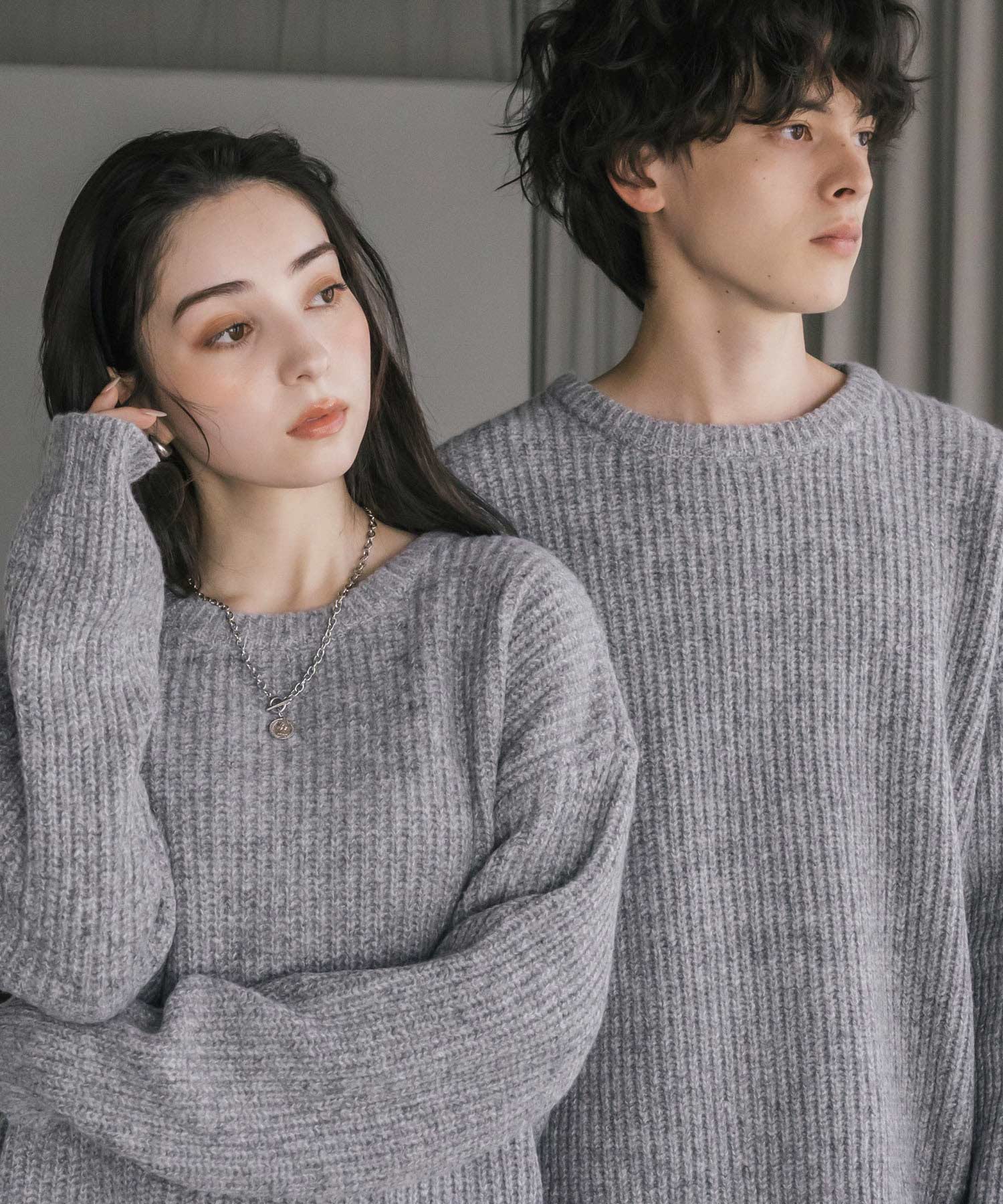 オーバーサイズ畦編みクルーネック長袖ニットセーター 14552