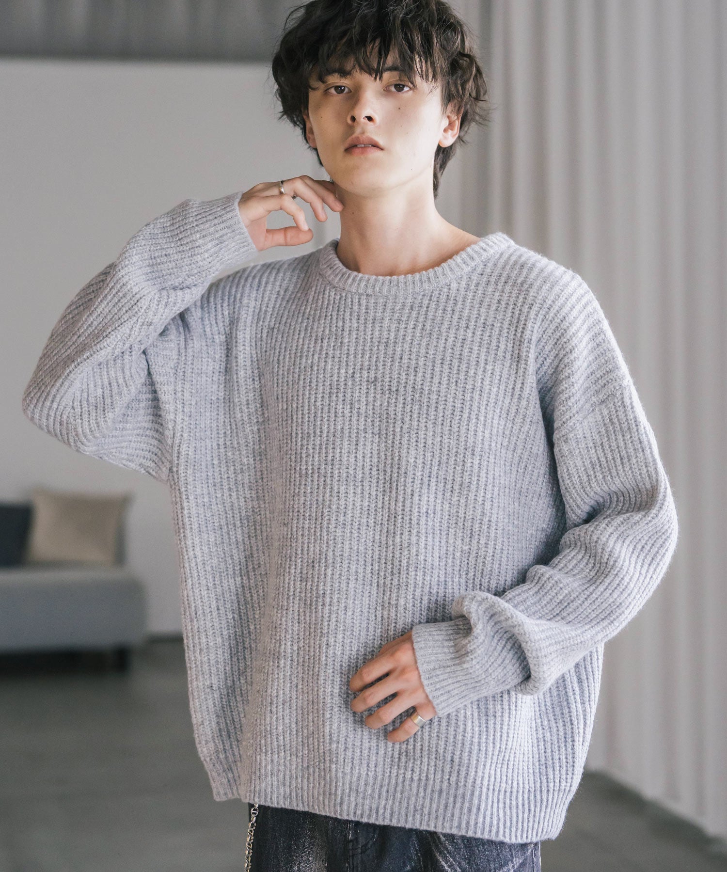 オーバーサイズ畦編みクルーネック長袖ニットセーター 14552