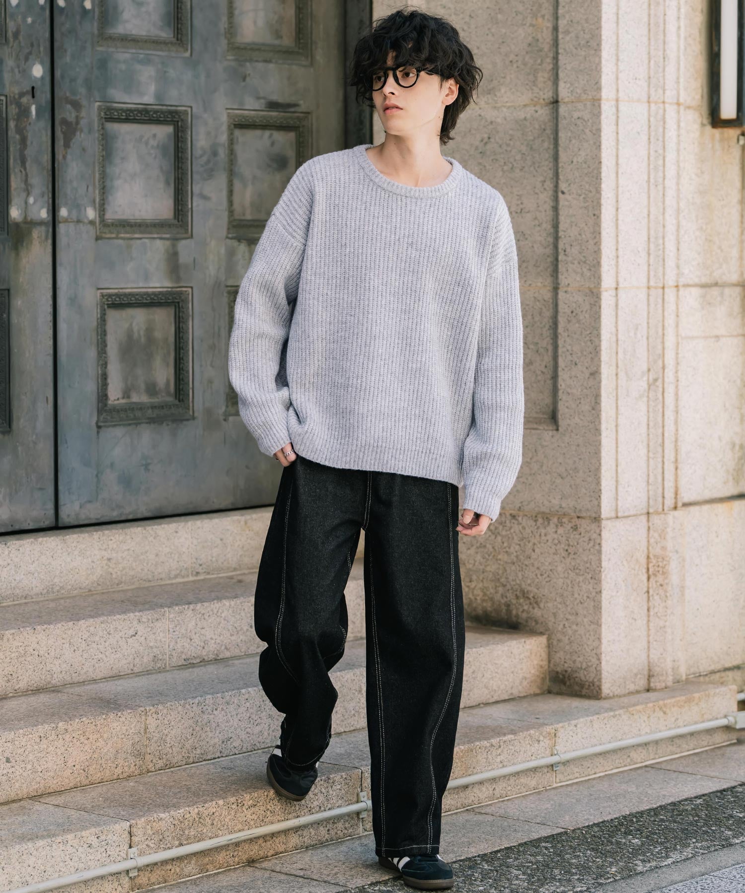 オーバーサイズ畦編みクルーネック長袖ニットセーター 14552