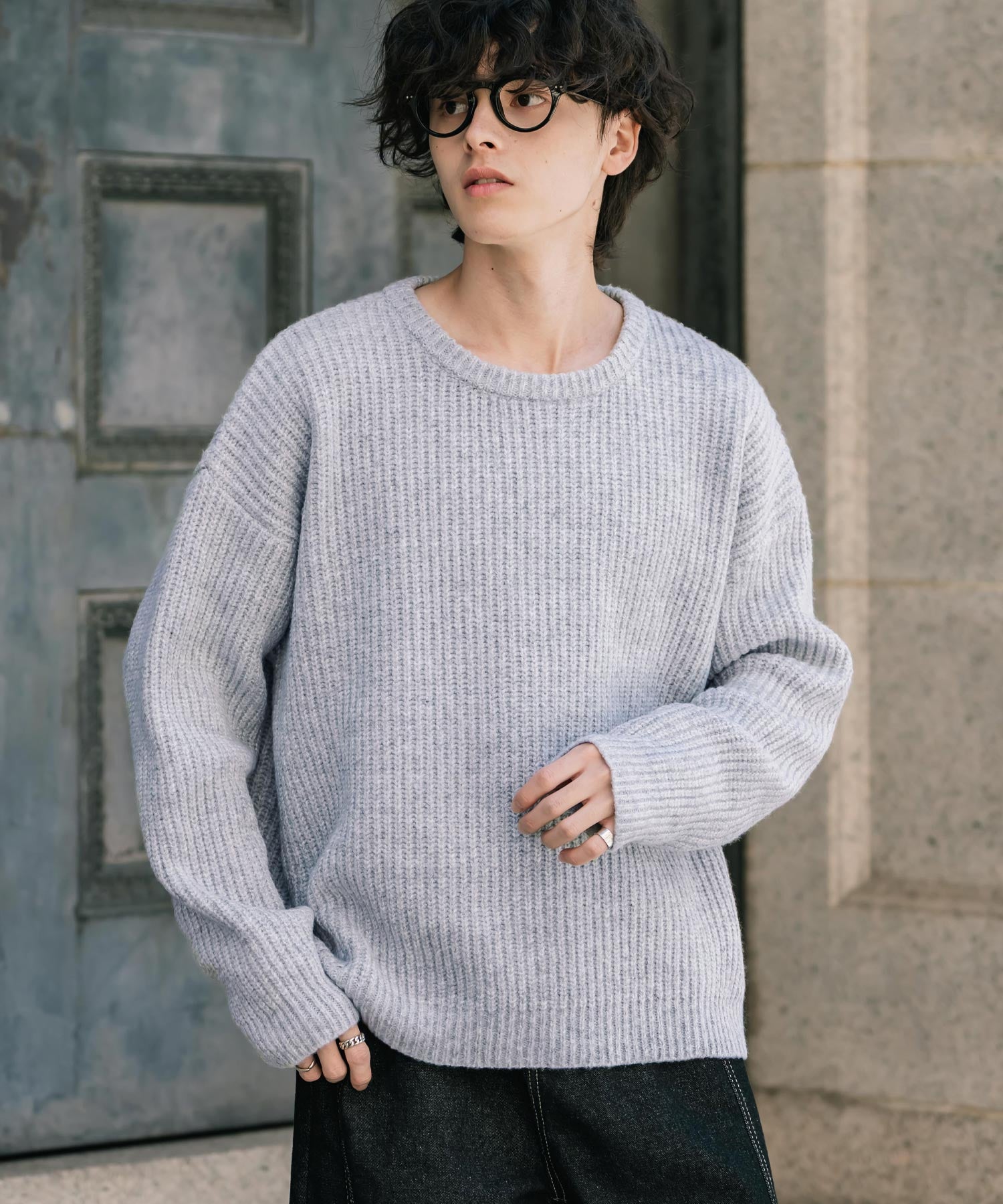 オーバーサイズ畦編みクルーネック長袖ニットセーター 14552