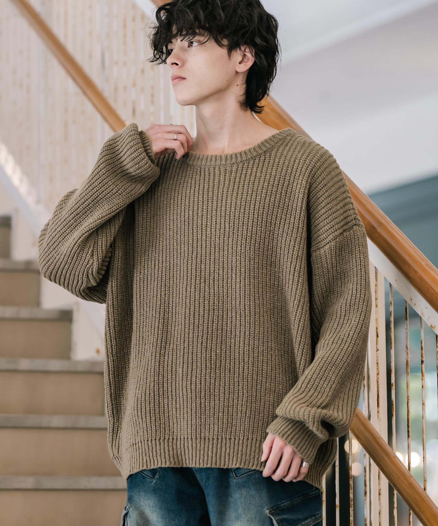 オーバーサイズ畦編みクルーネック長袖ニットセーター 14552