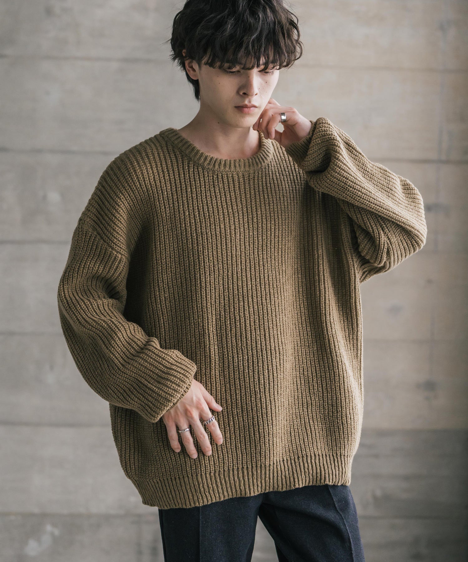 オーバーサイズ畦編みクルーネック長袖ニットセーター 14552