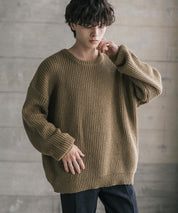 オーバーサイズ畦編みクルーネック長袖ニットセーター 14552
