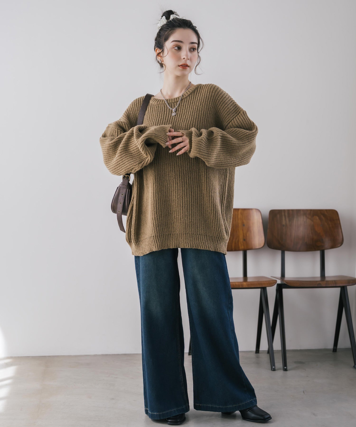 オーバーサイズ畦編みクルーネック長袖ニットセーター 14552