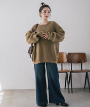 オーバーサイズ畦編みクルーネック長袖ニットセーター 14552