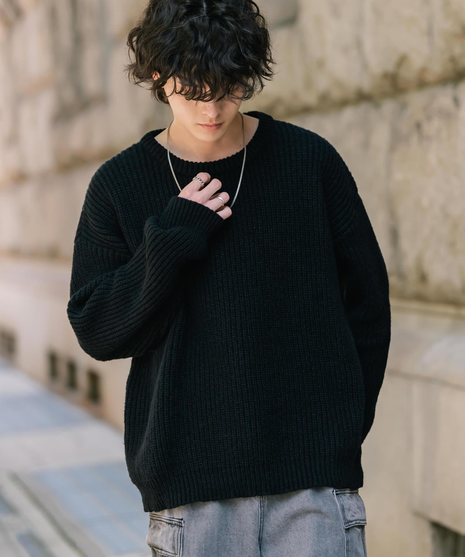オーバーサイズ畦編みクルーネック長袖ニットセーター 14552