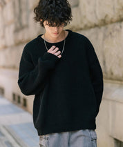 オーバーサイズ畦編みクルーネック長袖ニットセーター 14552