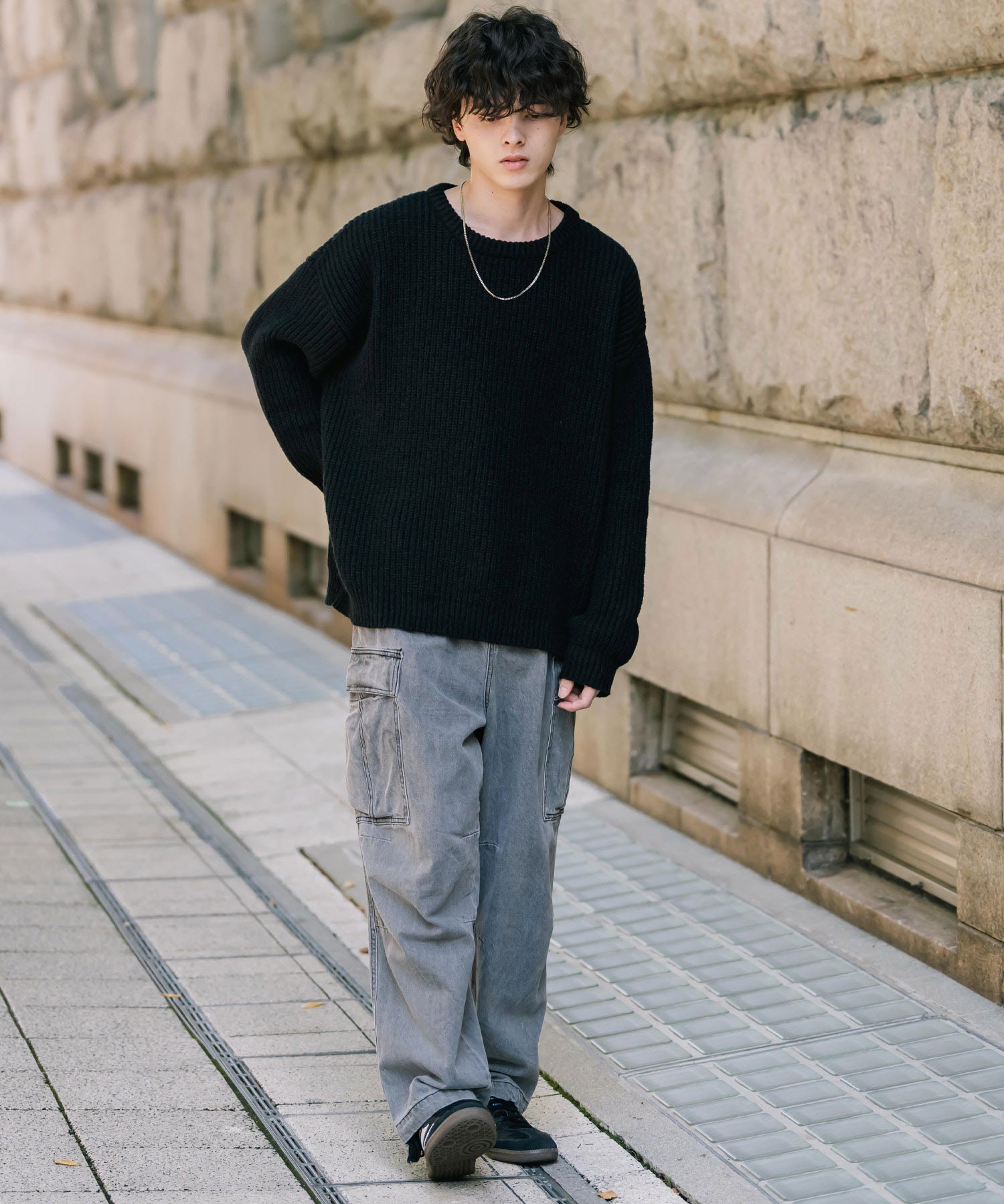 オーバーサイズ畦編みクルーネック長袖ニットセーター 14552