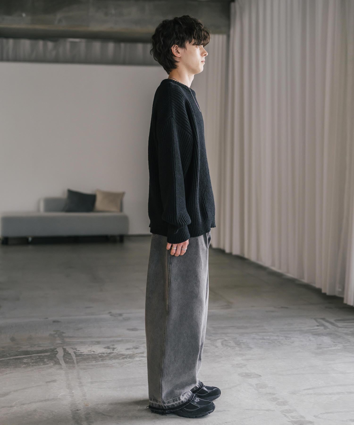 オーバーサイズ畦編みクルーネック長袖ニットセーター 14552