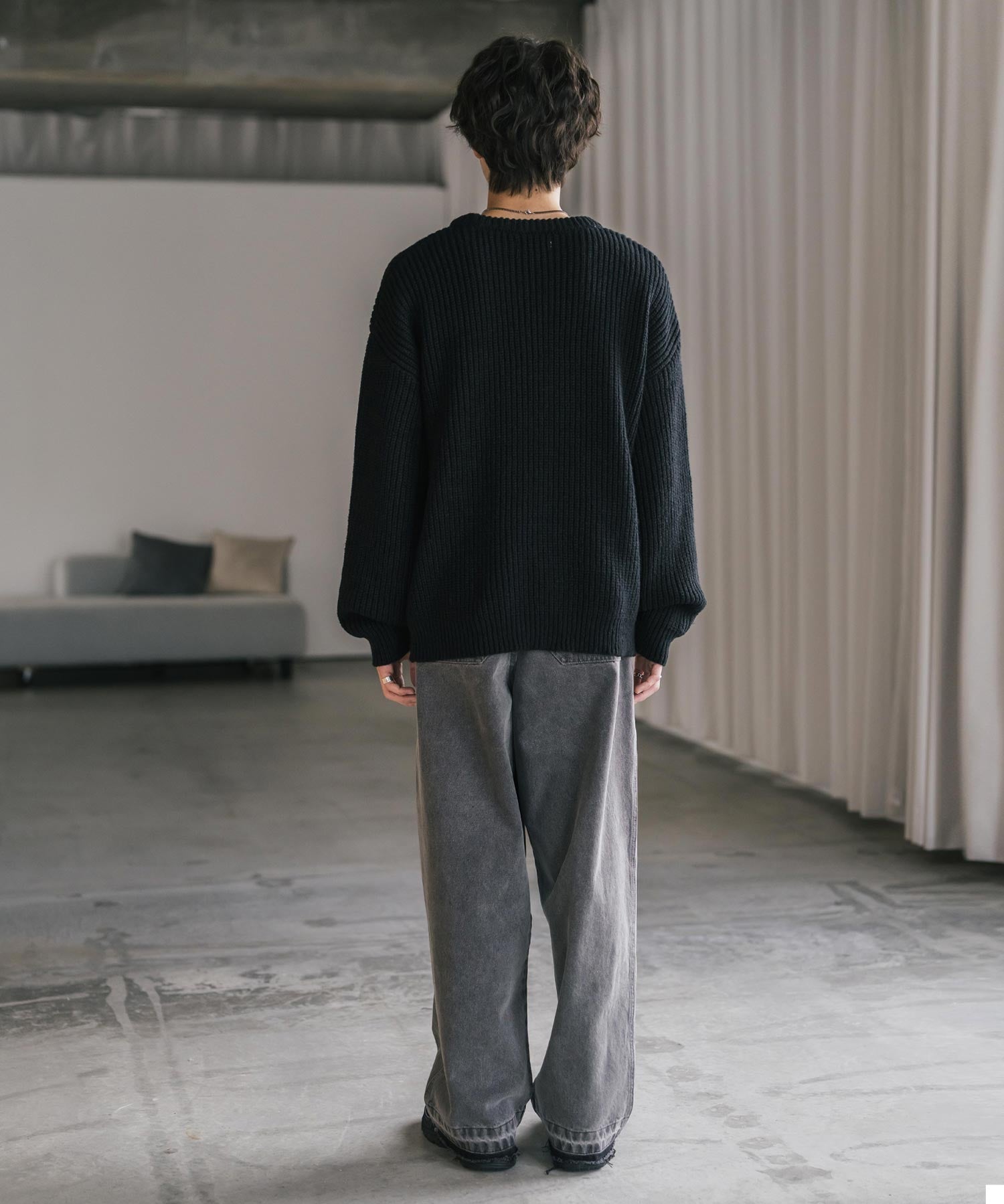 オーバーサイズ畦編みクルーネック長袖ニットセーター 14552