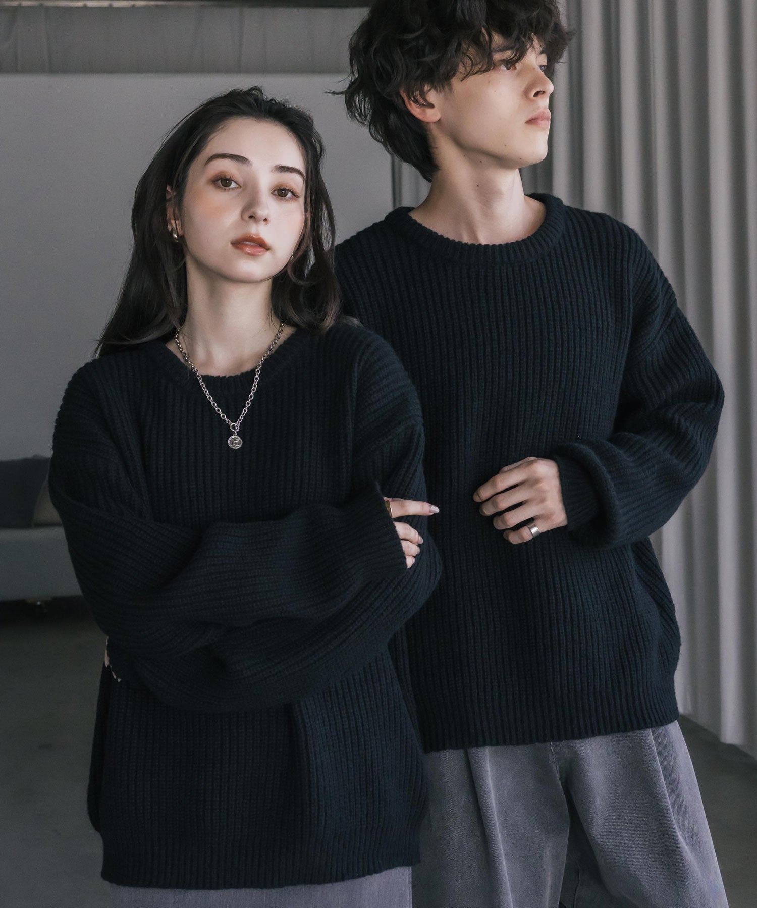 オーバーサイズ畦編みクルーネック長袖ニットセーター 14552