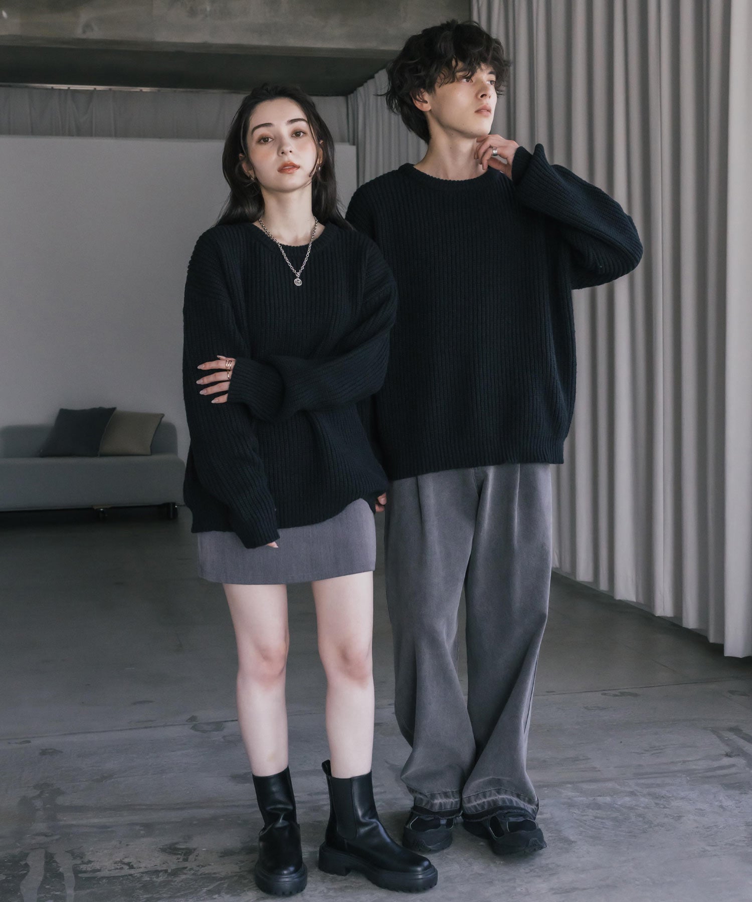 オーバーサイズ畦編みクルーネック長袖ニットセーター 14552